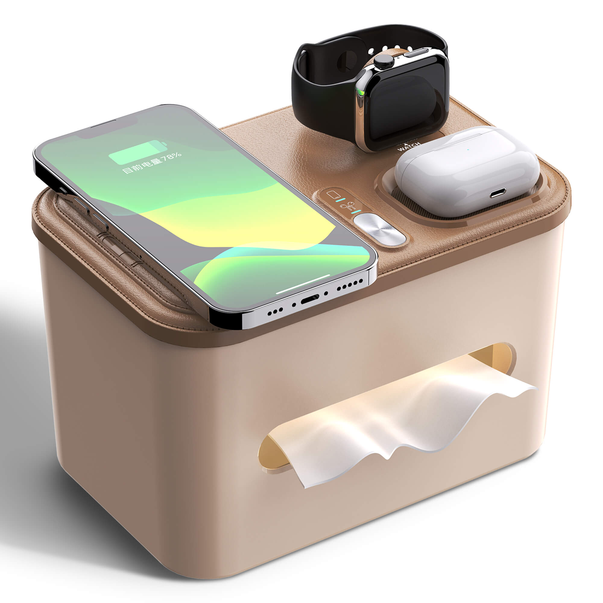 Capon Multifunction Tissue Holder with 3 in 1 Fast Charging Station-Q1 Wireless Charging, Compatible Phone, Watch & AirPods, Rectangular Tissue Box Cover with Night Light for Home Office Decor