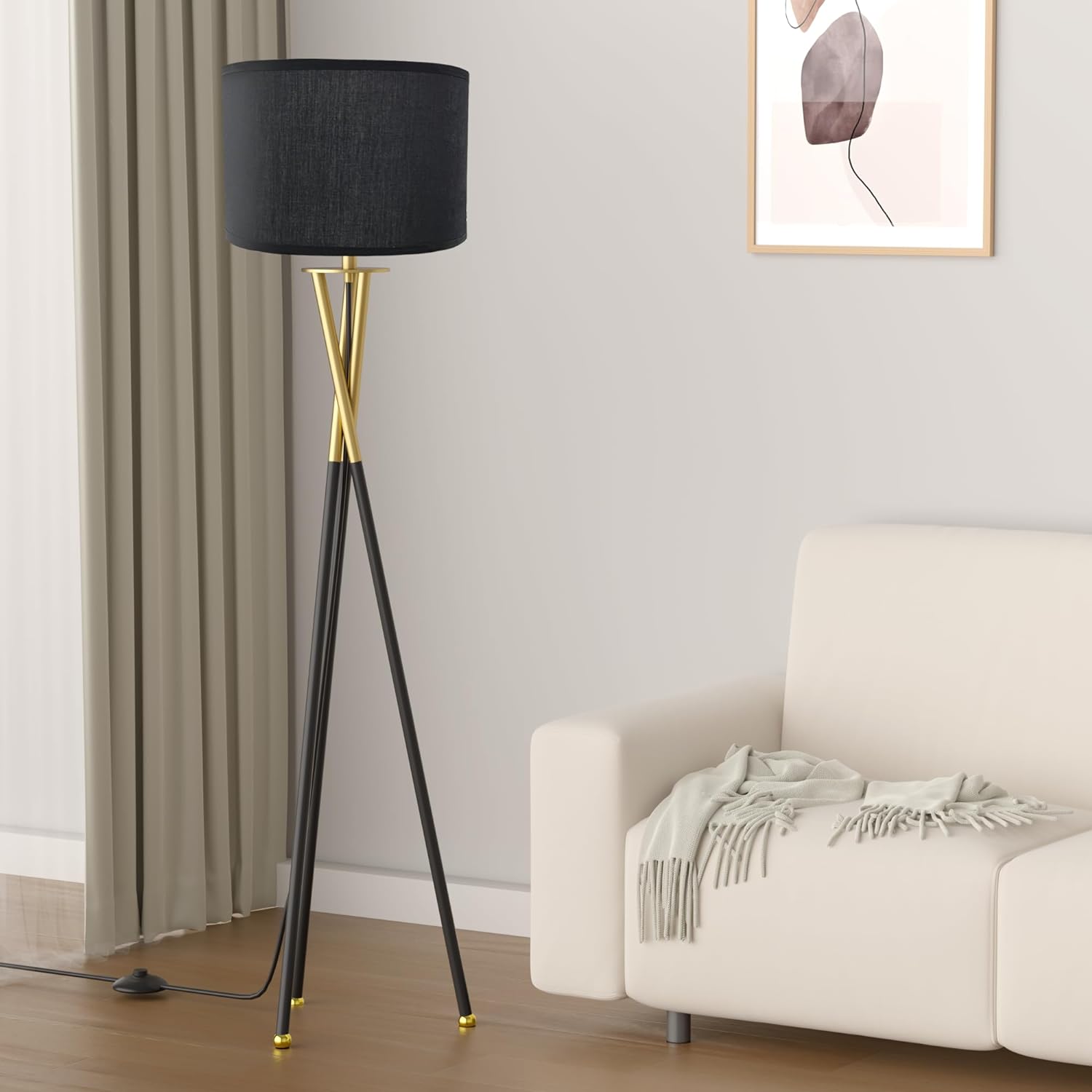Capon Tripod Floor Lamp for Living Room, Tall Standing Lamp with E26 Bulbs, Beige/Black Linen Shade and 3 Color Temperatures, Ideal for Bedroom, Office, Classroom, Dorm Room and Study Room