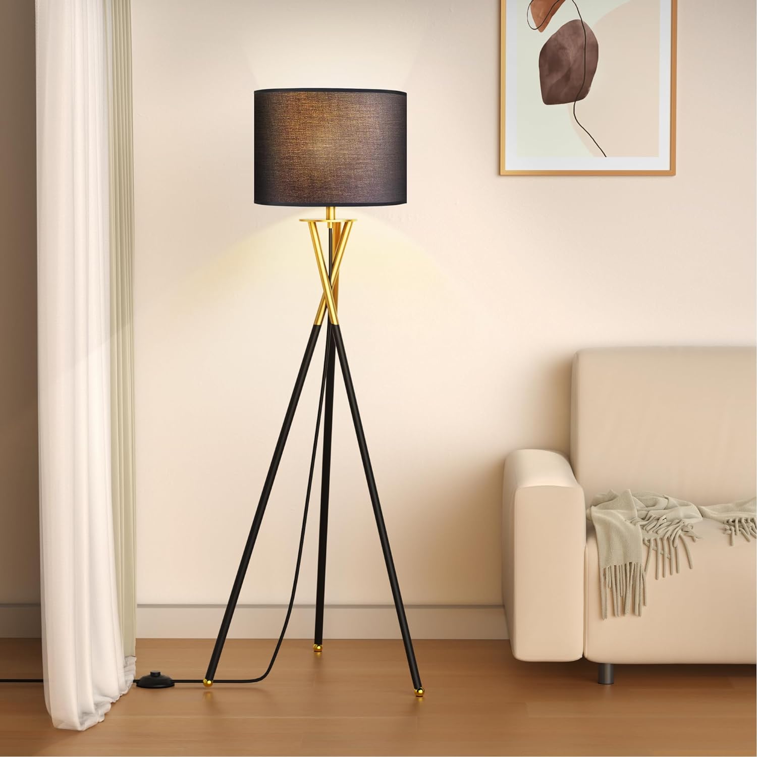 Capon Tripod Floor Lamp for Living Room, Tall Standing Lamp White with E26 Bulbs, Beige/Black Linen Shade and 3 Color Temperatures, Ideal for Bedroom, Office, Classroom, Dorm Room and Study Room