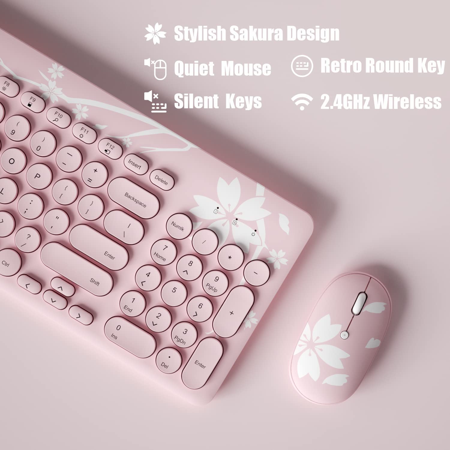 Sakura Wireless Keyboard and Mouse Set, Cherry Pink Wireless Mouse and Keyboard Combo, Retro Type-Writer Keys