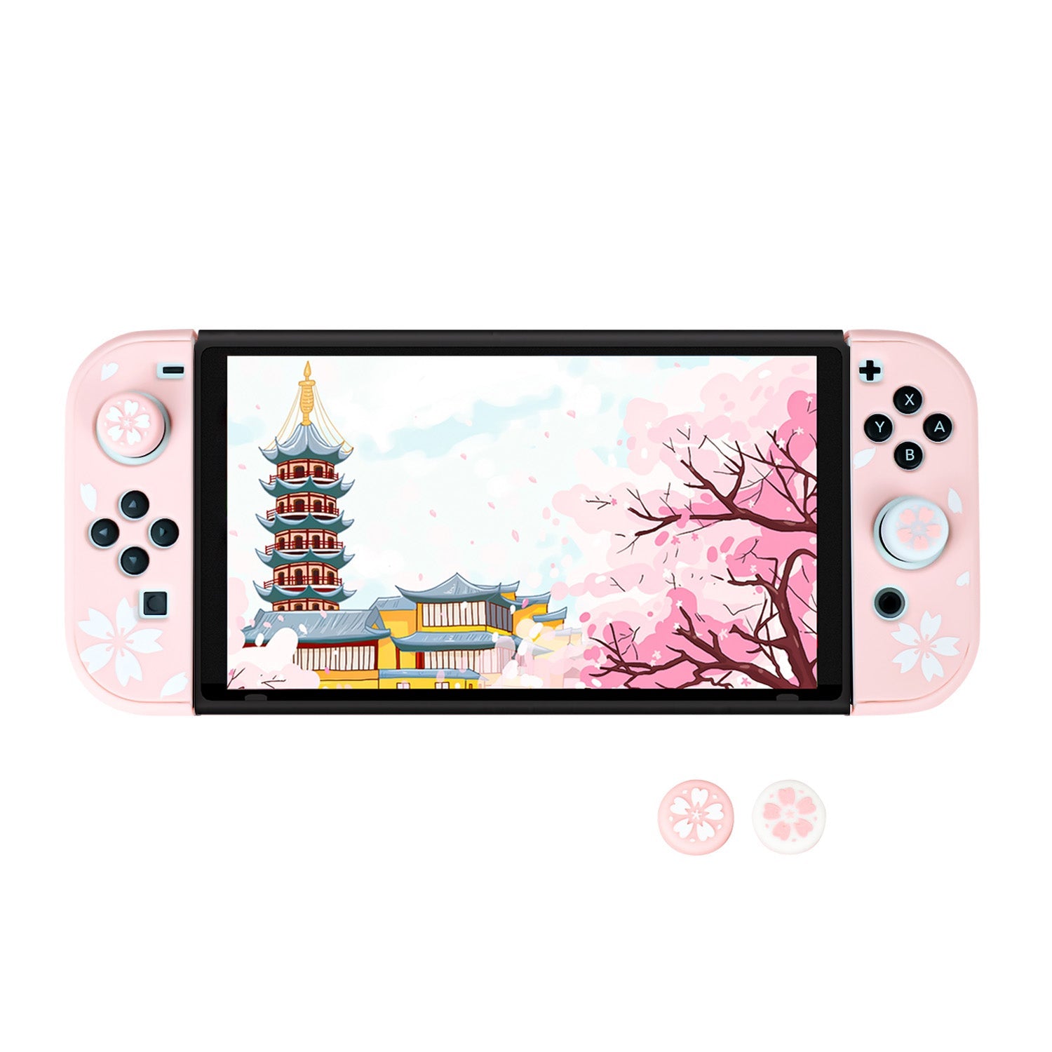 Nintendo Switch OLED Sakura Cherry Pink Protective Shell Case for 2021 Switch OLED, Dockable Anti-Scratch Slim Case with Cherry Joytick Caps