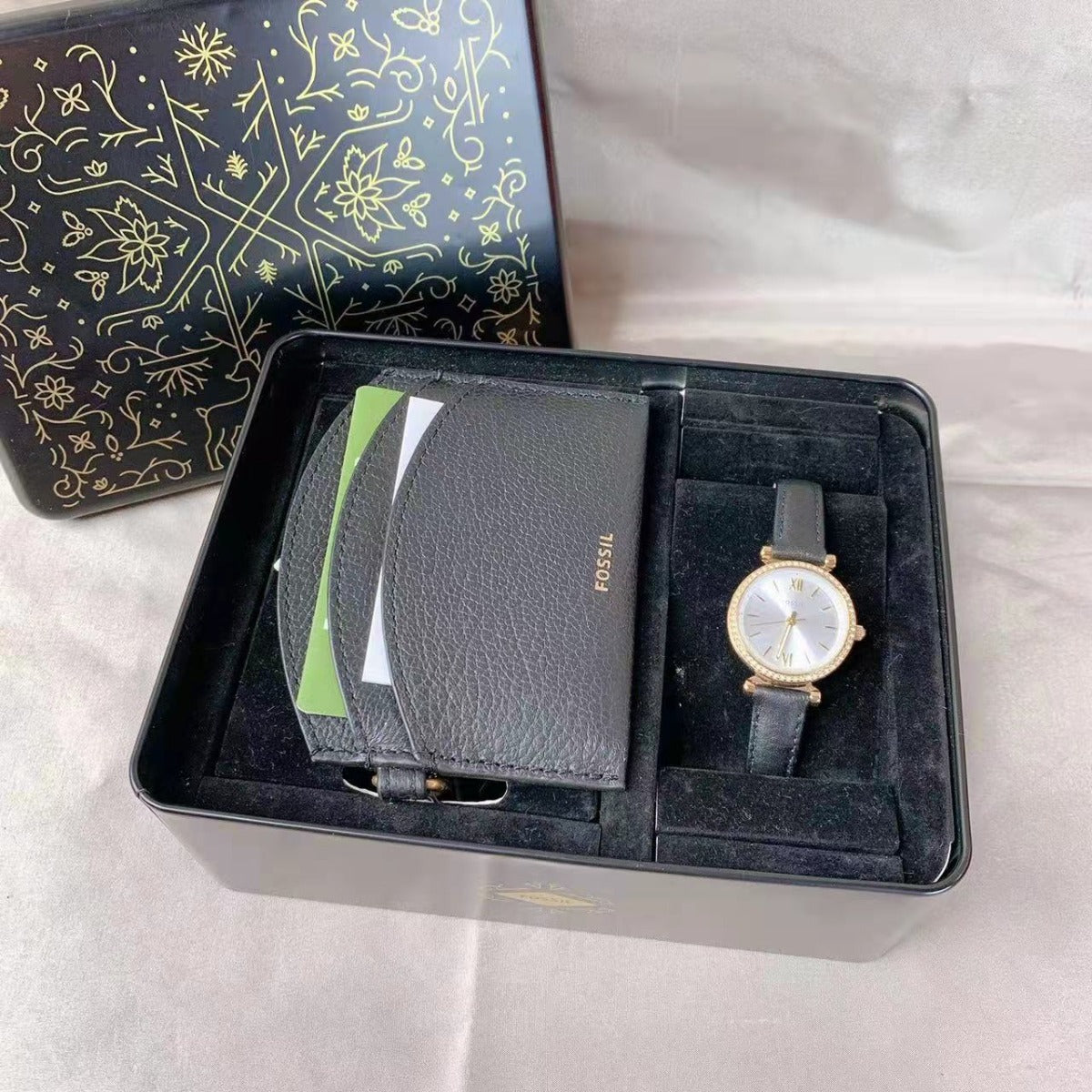 Fossil ES5180SET Carlie Three-Hand Black Eco Leather Watch and Card Case Box Set 796483567443