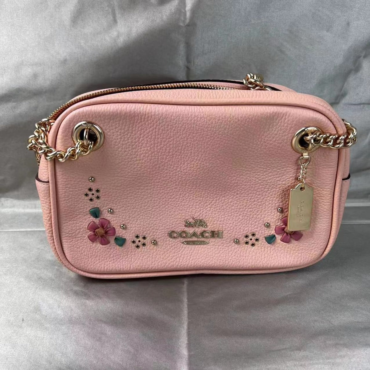 Coach CA143 Cammie Chain Shoulder Bag With Floral Whipstitch In Faded Blush Multi 195031537240