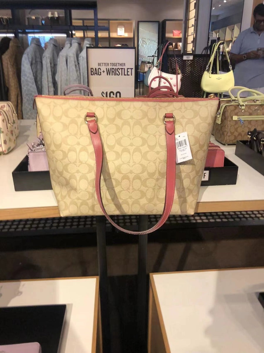 Coach 79609 Gallery Tote In Signature Canvas In Gold/Light Khaki Rouge