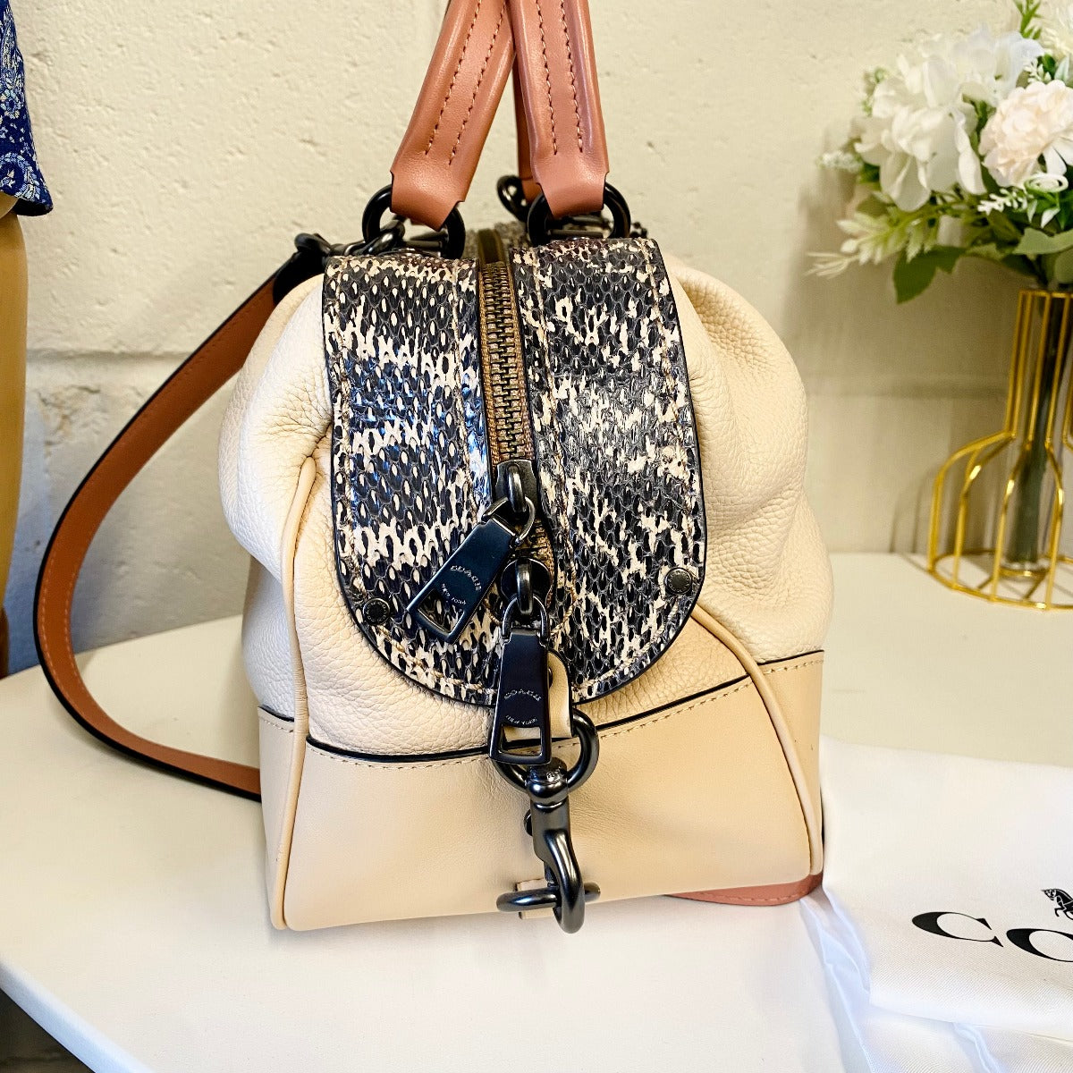 Coach 69622 Lane Satchel In Colorblock With Snakeskin Detail IN Ivory Multi 192643899353