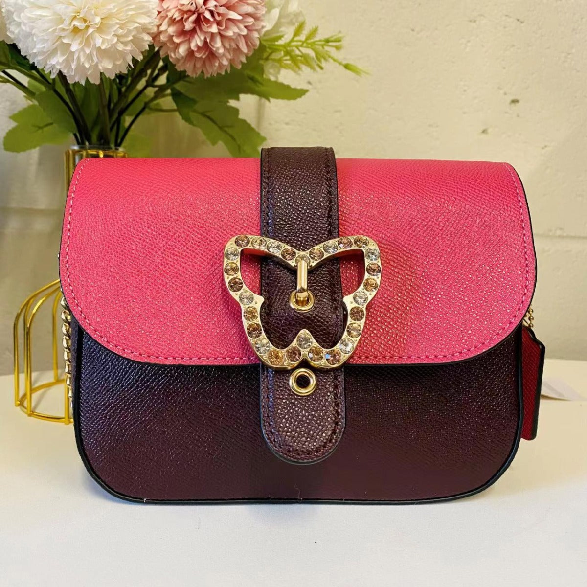 Coach C6796 Gemma Crossbody In Colorblock With Butterfly Buckle In Strwbrry Hze/Crnbrry