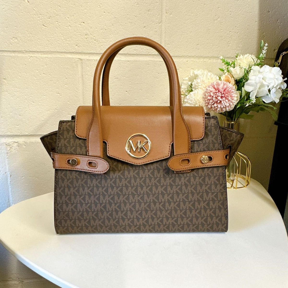 Michael Kors 35S2GNMS5B Carmen Medium Logo and Faux Leather Belted Satchel IN BROWN 196163080611