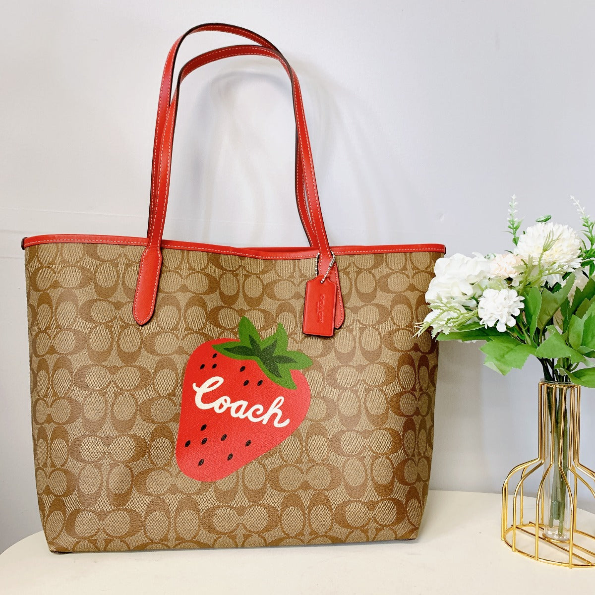 coach CH329 City Tote In Signature Canvas With Wild Strawberry IN Khaki Electric Red