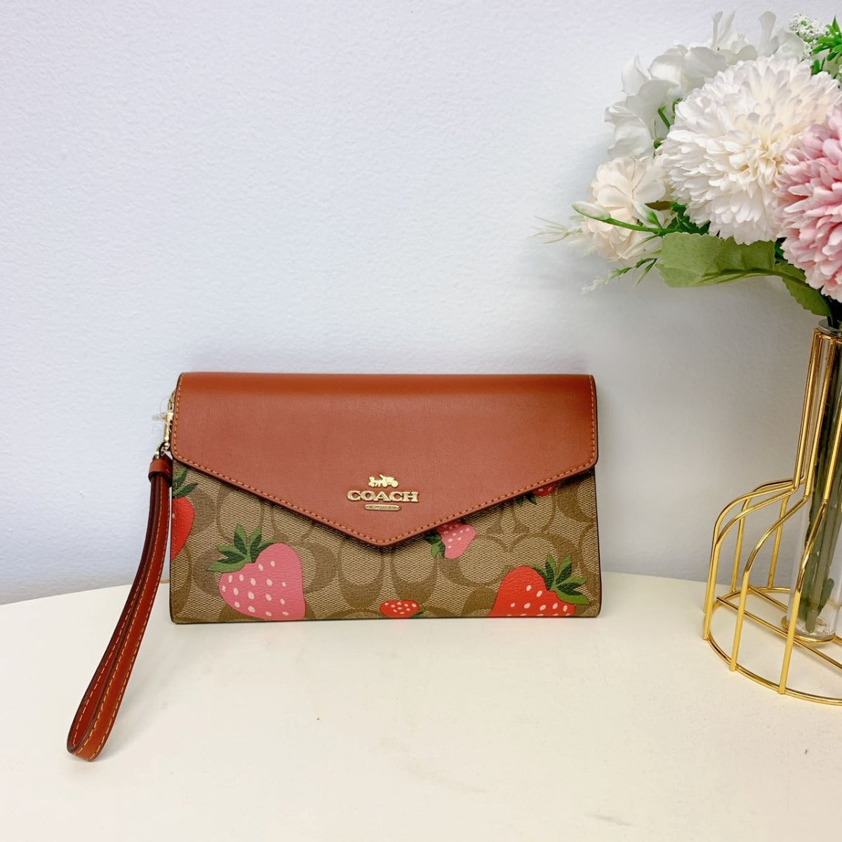 Coach CH524 Travel Envelope Wallet In Signature Canvas With Wild Strawberry Print IN Khaki Multi 195031865770