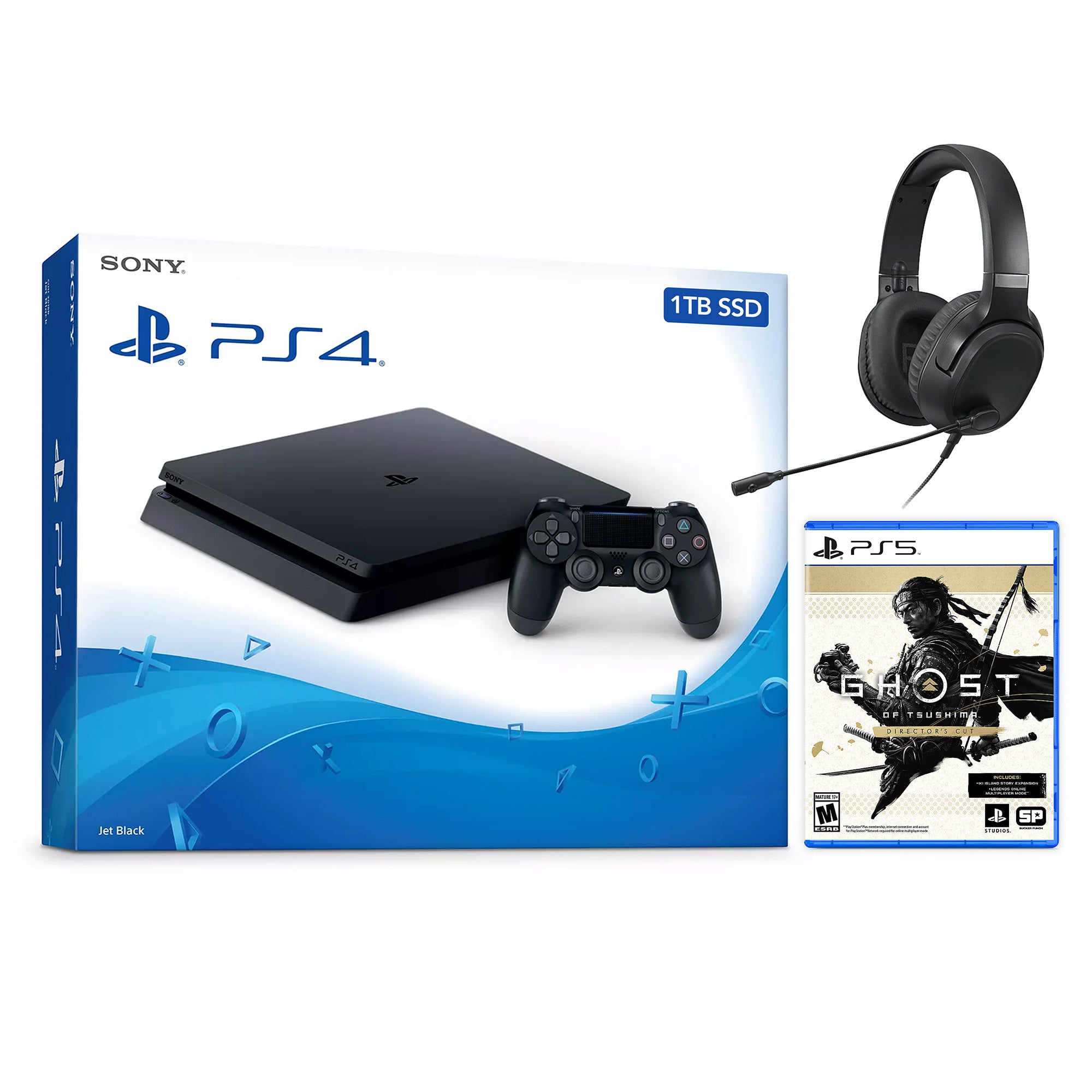 Sony PlayStation 4 Slim God of War PlayStation Hits Bundle Upgrade 1TB SSD PS4 Gaming Console, Jet Black, with Mytrix Chat Headset - Internal Fast Solid State Drive Enhanced PS4 Console