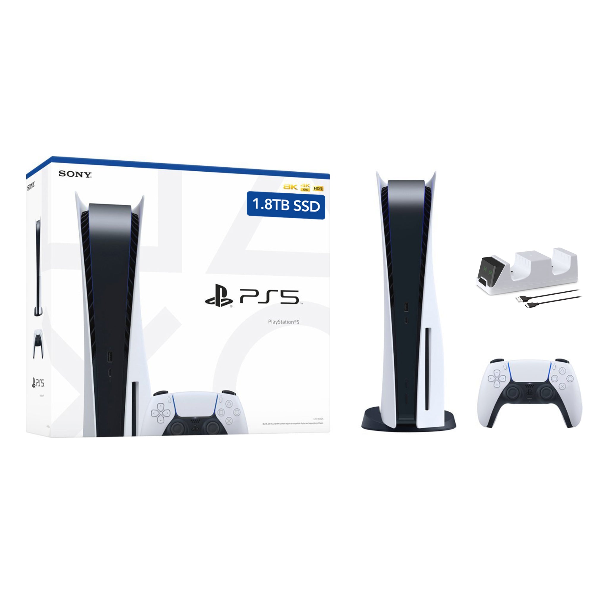 PlayStation 5 Upgraded 1.8TB Disc Edition and Mytrix Controller Charger - White, PS5 Gaming Console