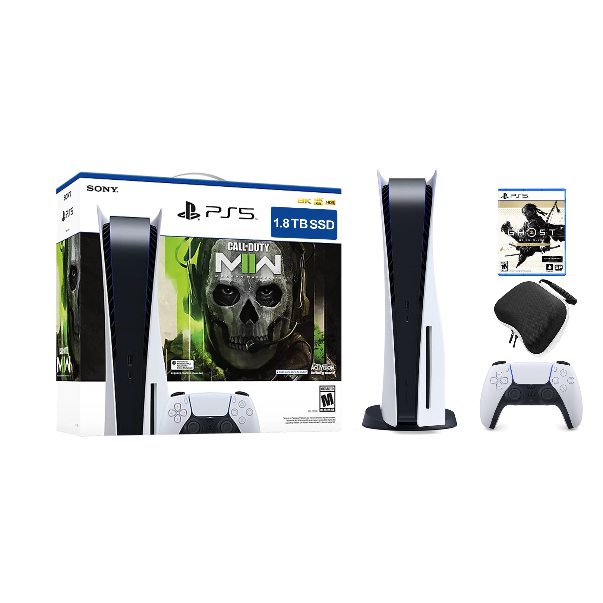 PlayStation 5 Upgraded 1.8TB Disc Edition Call of Duty Modern Warfare II Bundle with Ghost of Tsushima Director's Cut and Mytrix Controller Case