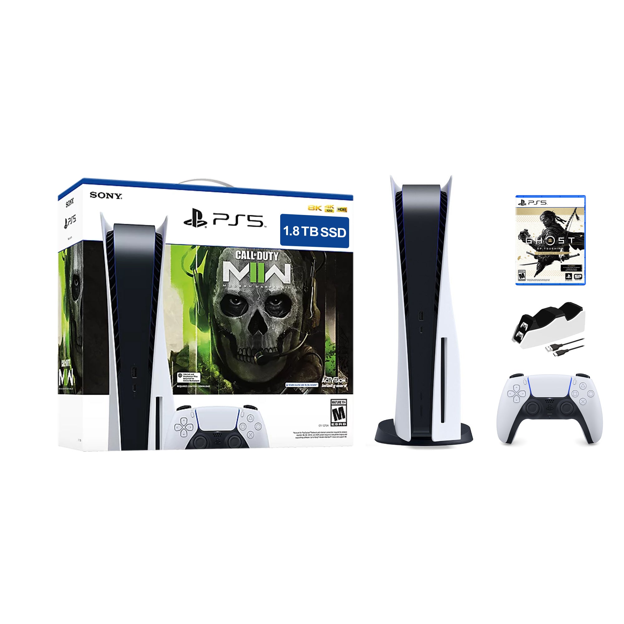 PlayStation 5 Upgraded 1.8TB Disc Edition Call of Duty Modern Warfare II Bundle with Ghost of Tsushima Director's Cut and Mytrix Controller Charger
