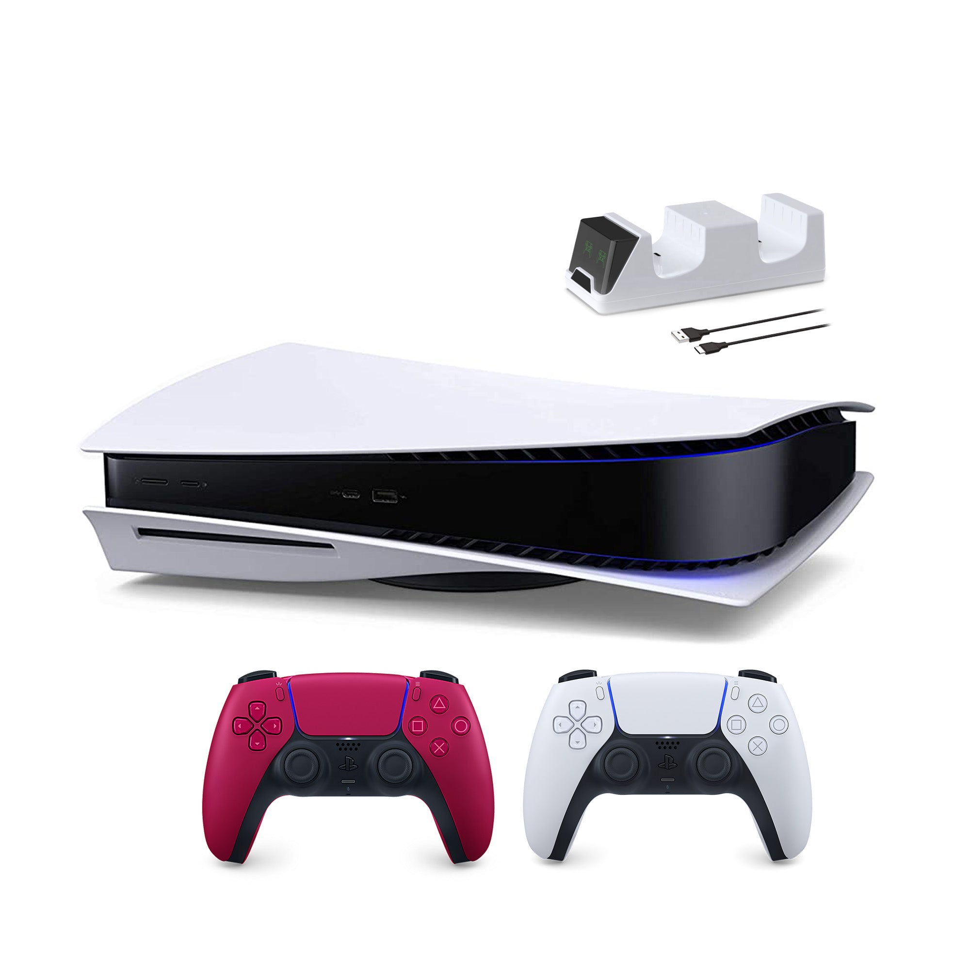 PlayStation 5 Disc Edition with Two Controllers White and Cosmic Red DualSense and Mytrix Dual Controller Charger - PS5 Gaming Console