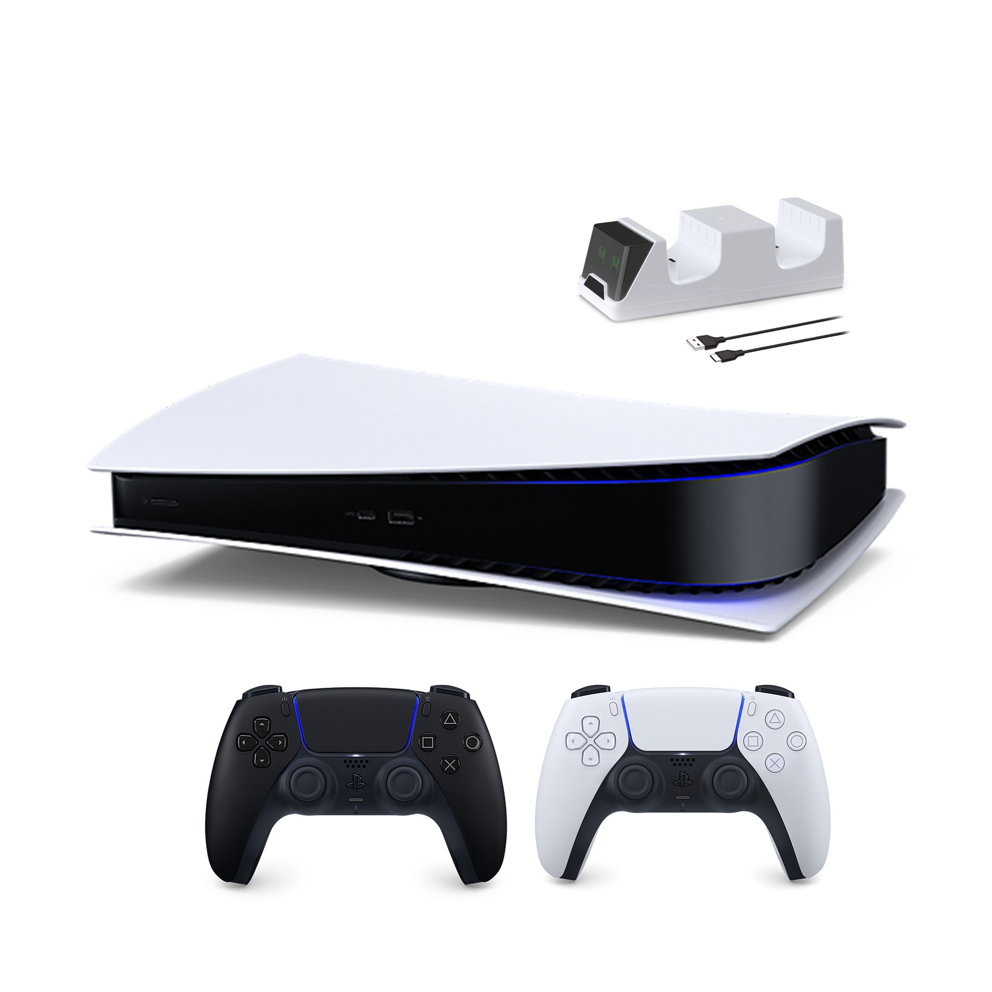 PlayStation 5 Digital Edition with Two Controllers White and Midnight Black DualSense and Mytrix Dual Controller Charger - PS5 Gaming Console