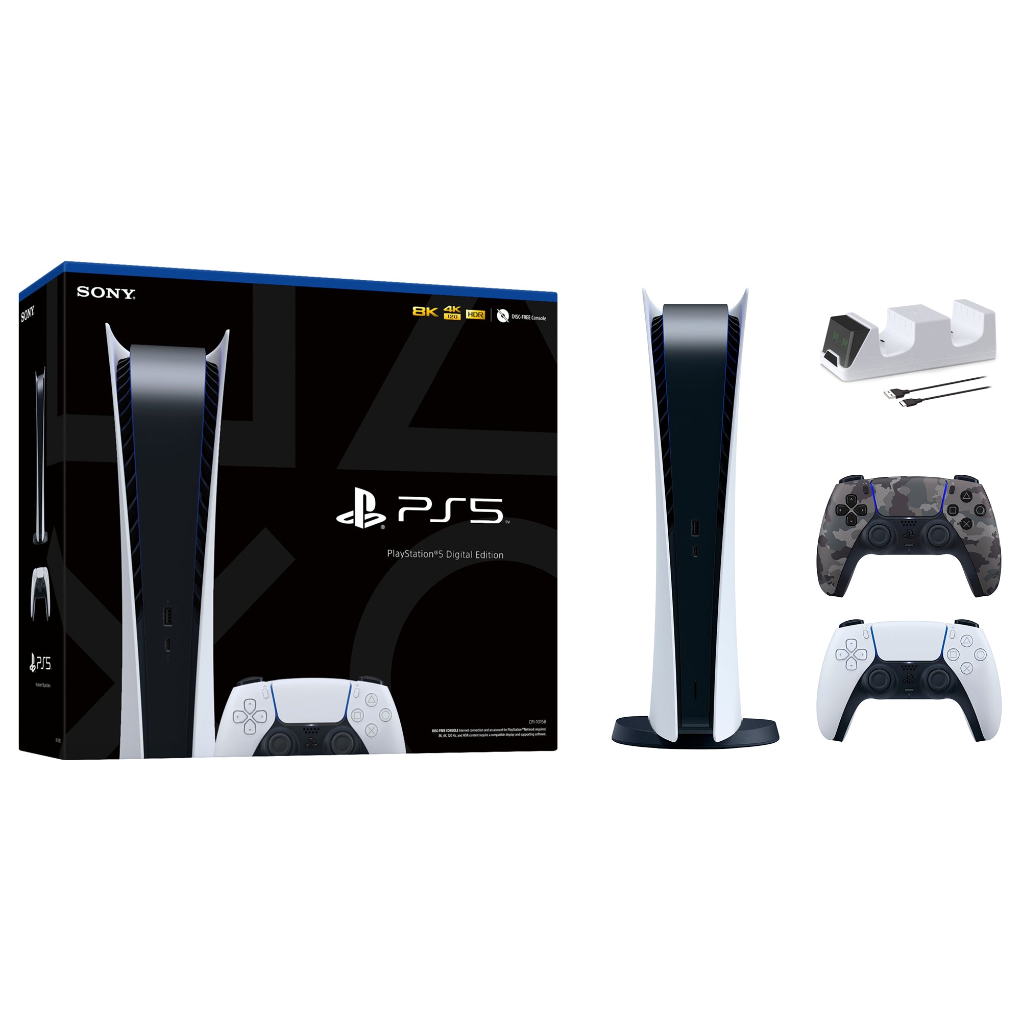 PlayStation 5 Digital Edition with Two Controllers White and Gray Camouflage DualSense and Mytrix Dual Controller Charger - PS5 Gaming Console PlayStation 5 Digital Edition with Two Controllers White and Gray Camouflage DualSense and Mytrix Dual Controller Charger - PS5 Gaming Console