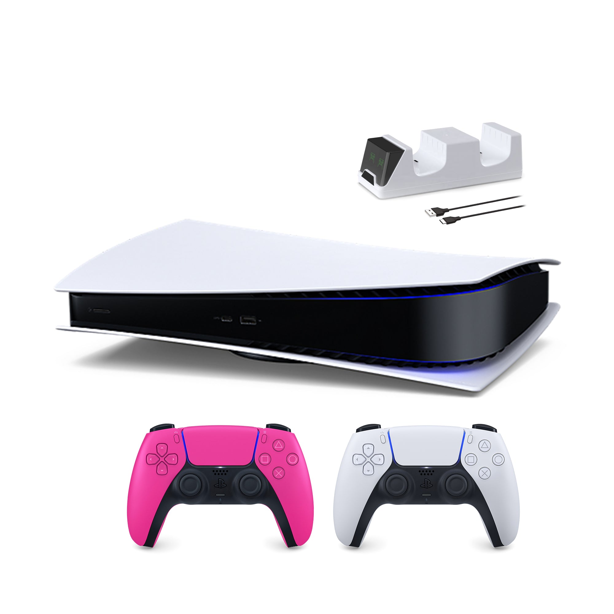 PlayStation 5 Digital Edition with Two Controllers White and Nova Pink DualSense and Mytrix Dual Controller Charger - PS5 Gaming Console