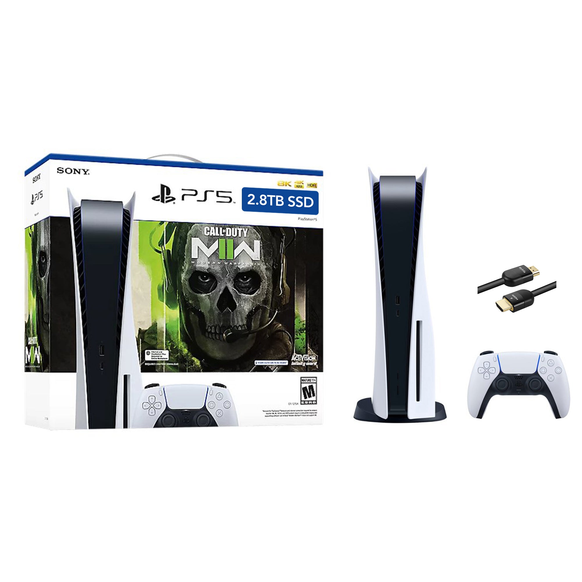 PlayStation 5 Upgraded 2.8TB Disc Edition Call of Duty Modern Warfare II Bundle and Mytrix 8K HDMI Ultra High Speed Cable - White, PS5 Gaming Console