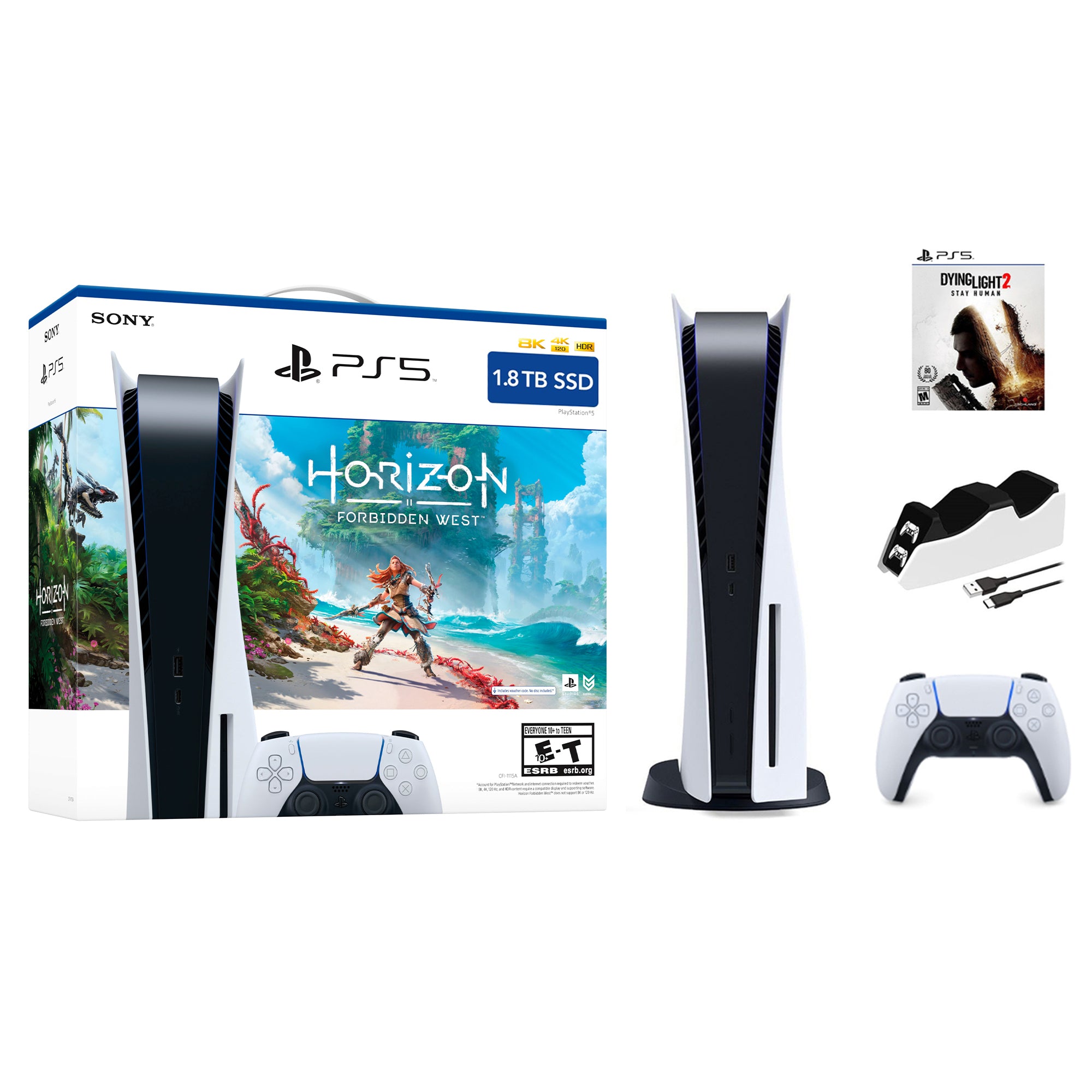 Playstation 5 1.8TB Upgraded Horizon Forbidden West Bundle with Dying Light 2 and Mytrix Controller Charger
