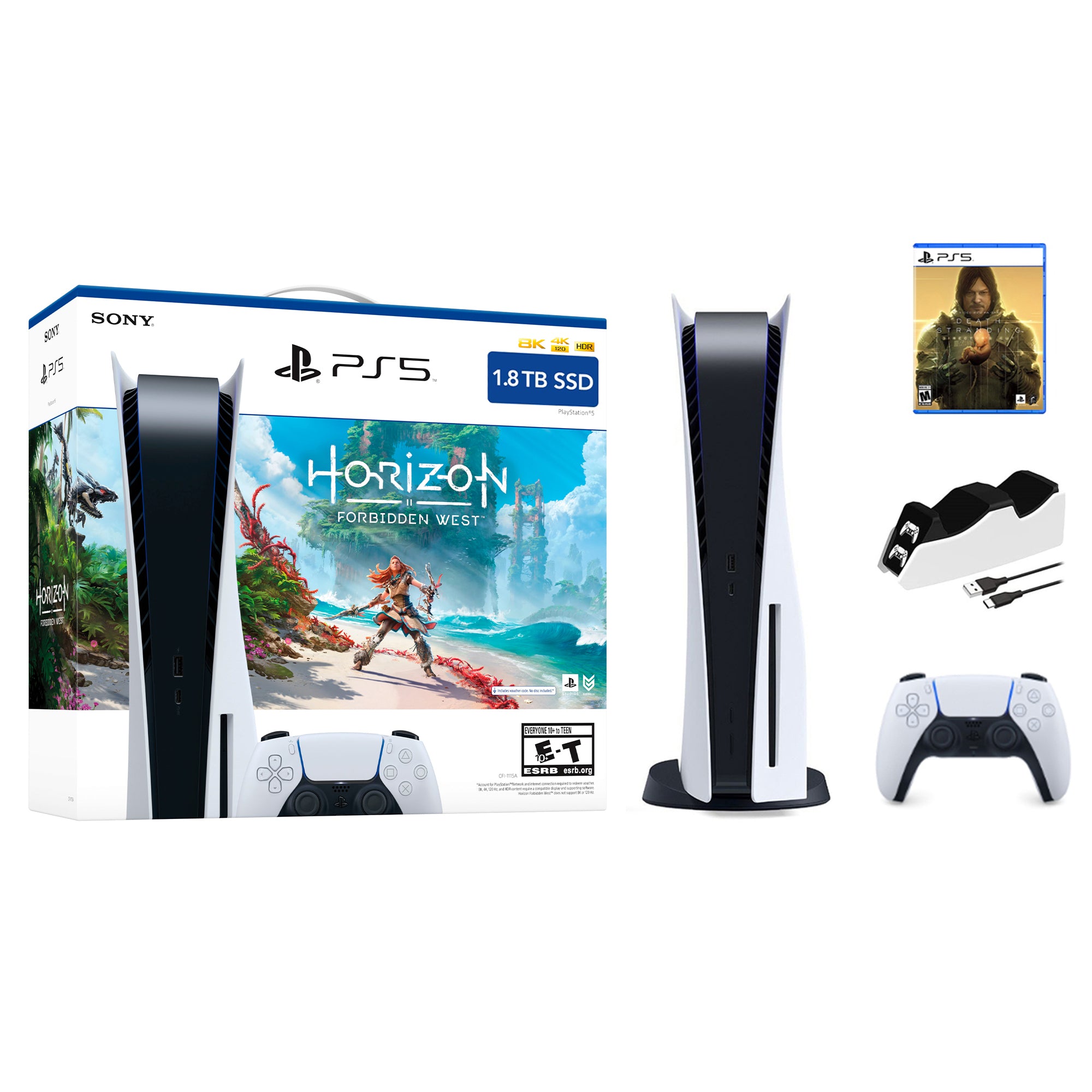 Playstation 5 1.8TB Upgraded Horizon Forbidden West Bundle with Death Stranding and Mytrix Controller Charger