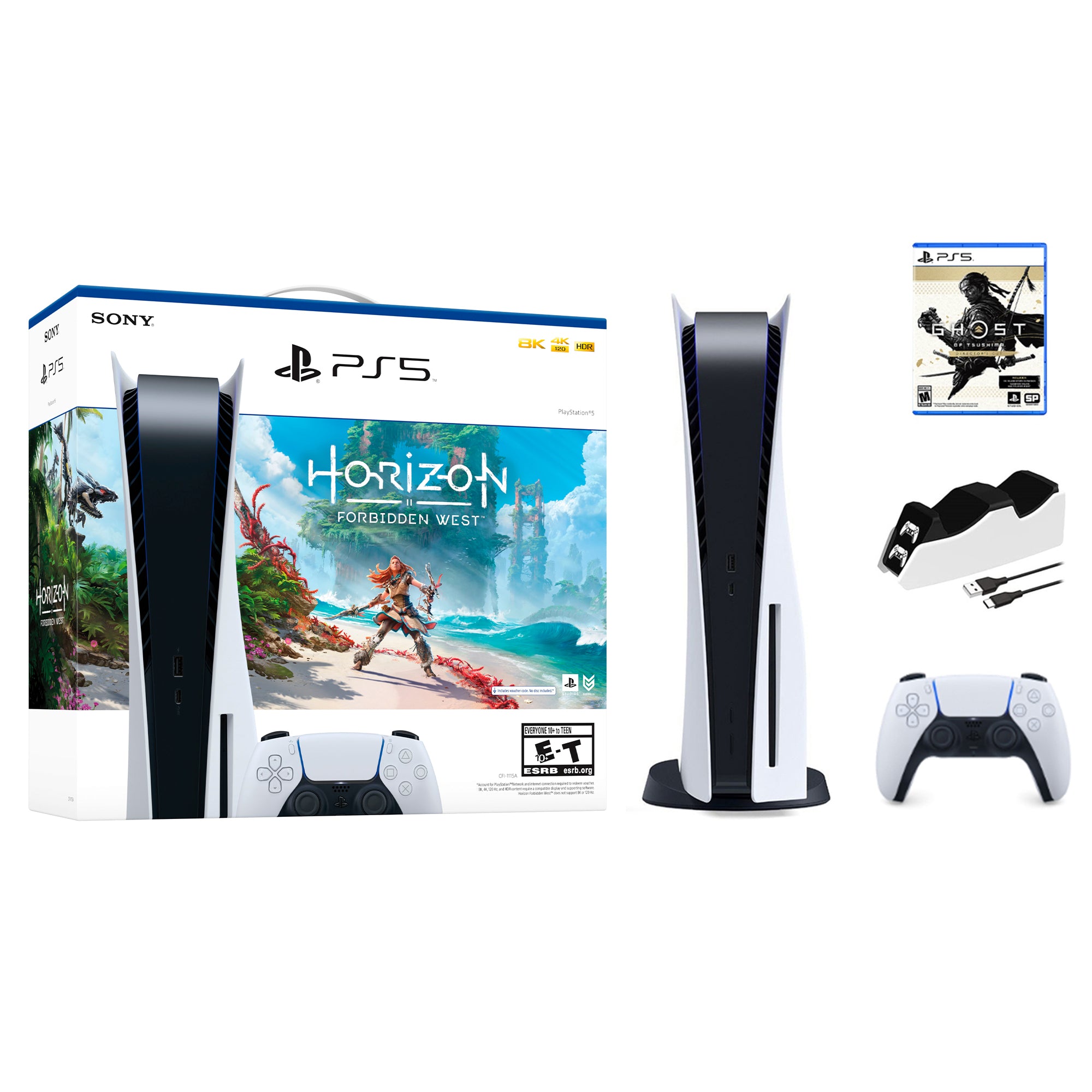 Playstation 5 Horizon Forbidden West Bundle with Ghost of Tsushima Director's Cut and Mytrix Controller Charger