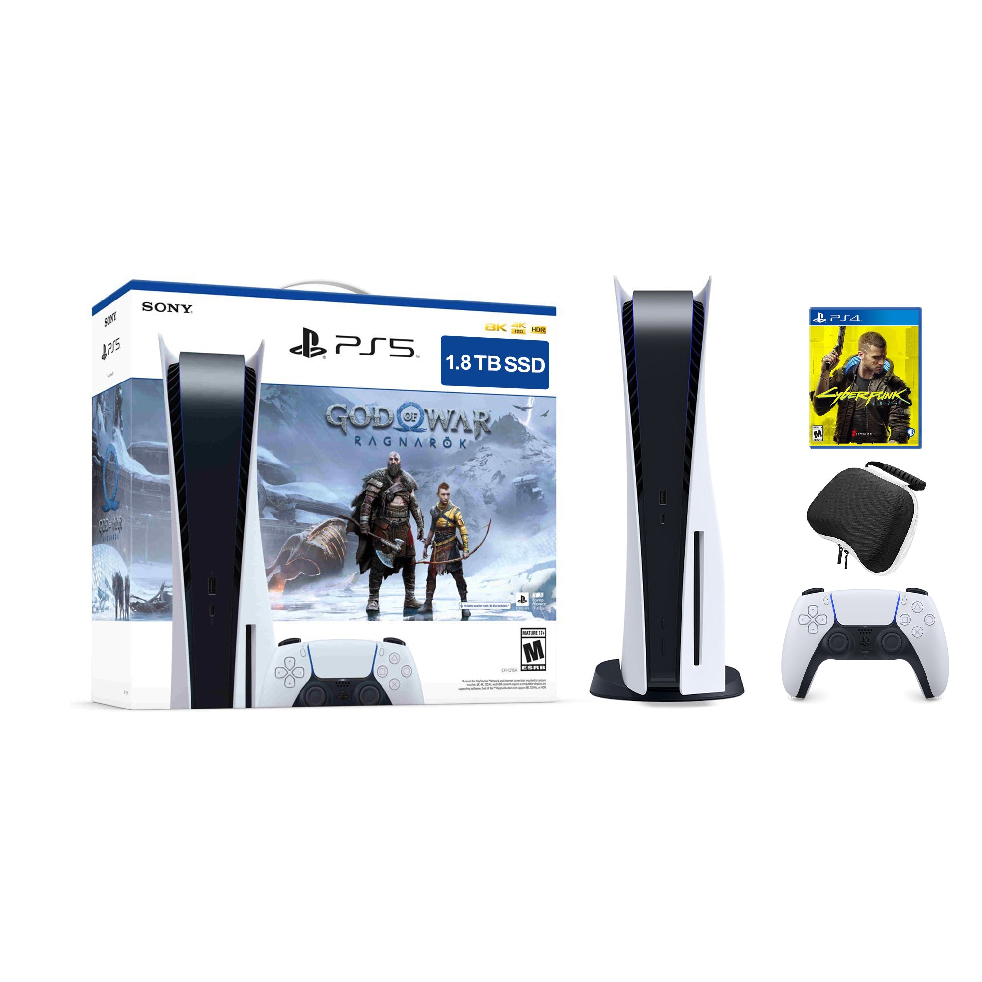 PlayStation 5 Upgraded 1.8TB Disc Edition God of War Ragnarok Bundle with Cyberpunk 2077 and Mytrix Controller Case