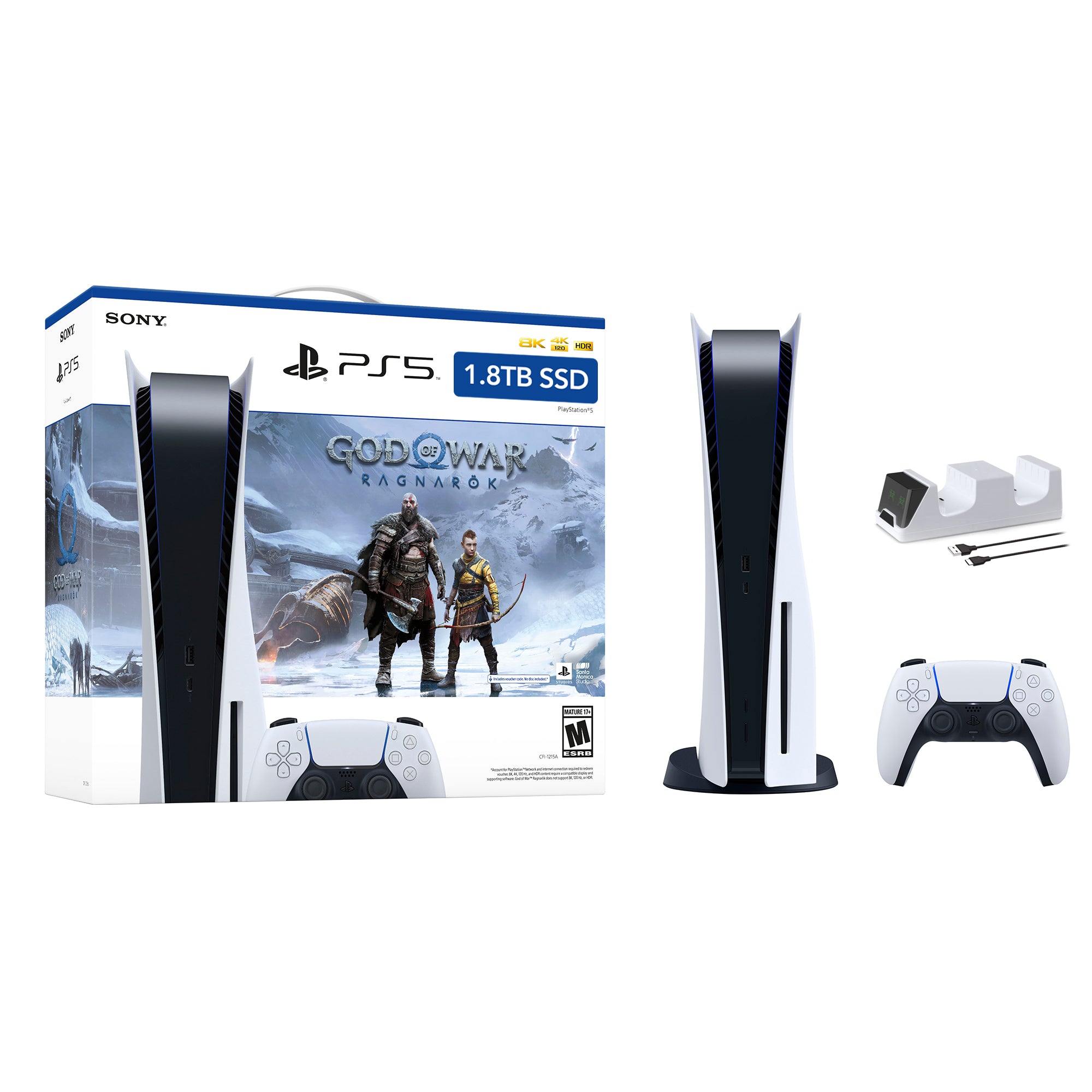PlayStation 5 Upgraded 1.8TB Disc Edition God of War Ragnarok Bundle and Mytrix Controller Charger - White, PS5 Gaming Console