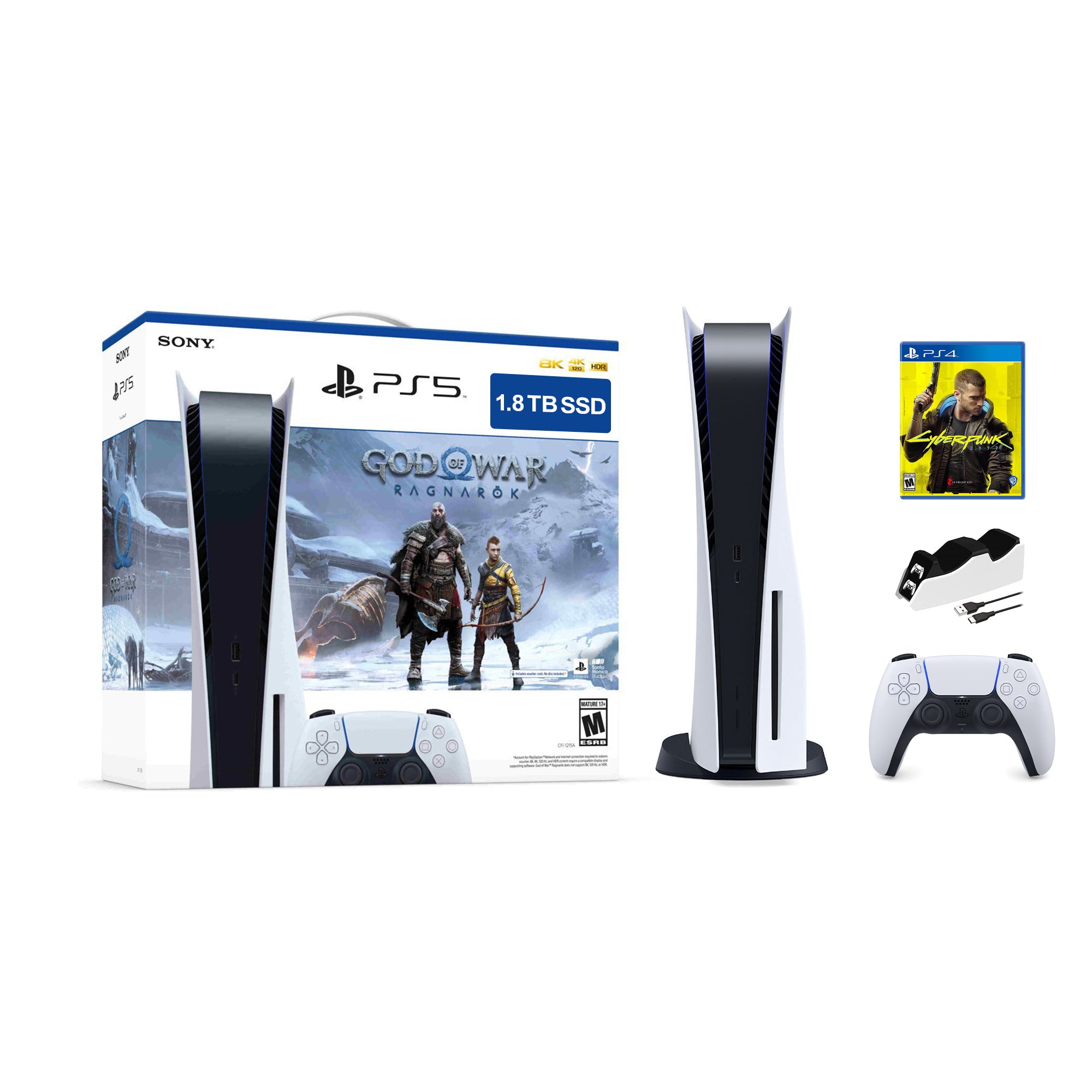 PlayStation 5 Upgraded 1.8TB Disc Edition God of War Ragnarok Bundle with Cyberpunk 2077 and Mytrix Controller Charger