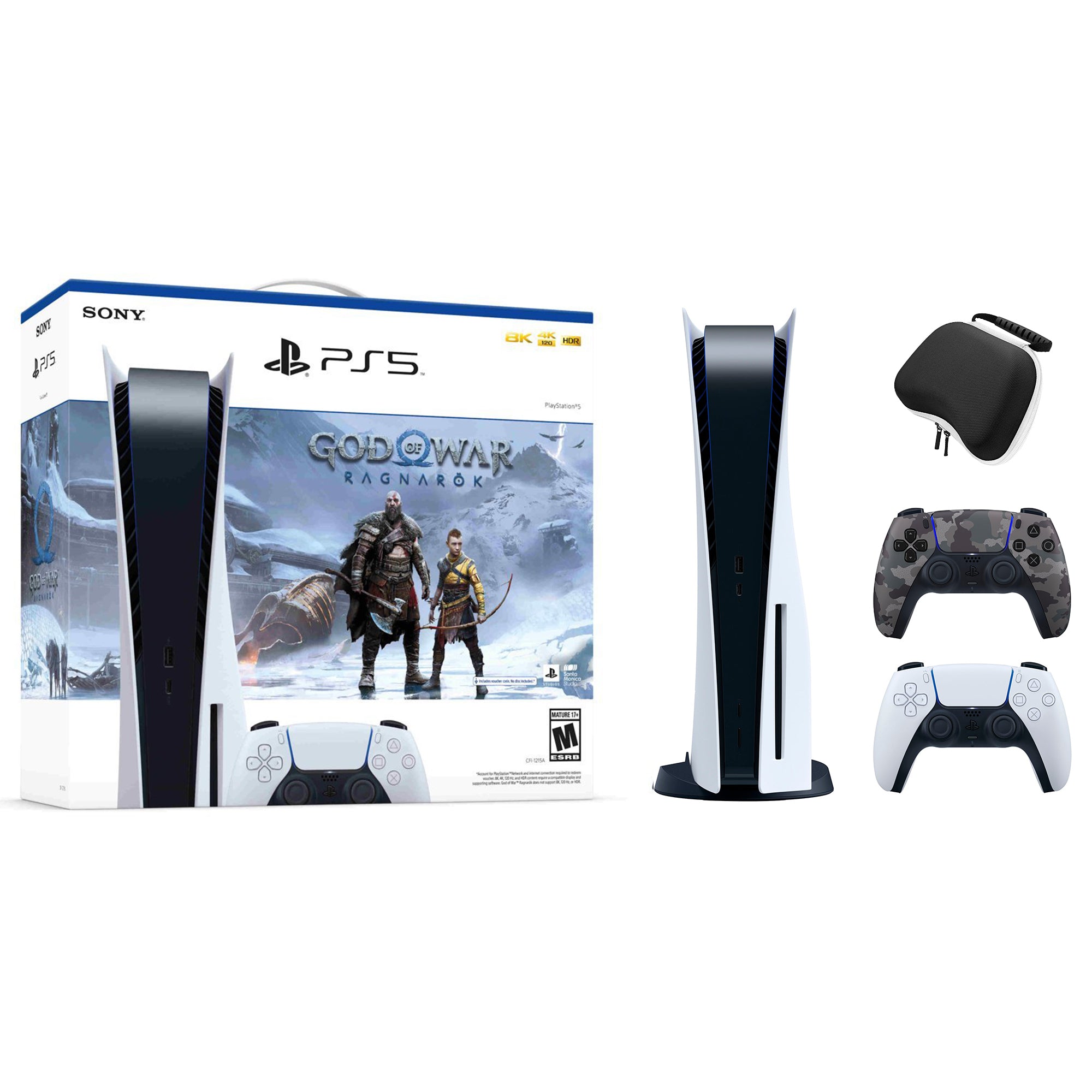 PlayStation 5 Disc Edition God of War Ragnarok Bundle with Two Controllers White and Gray Camouflage DualSense and Mytrix Hard Shell Protective Controller Case