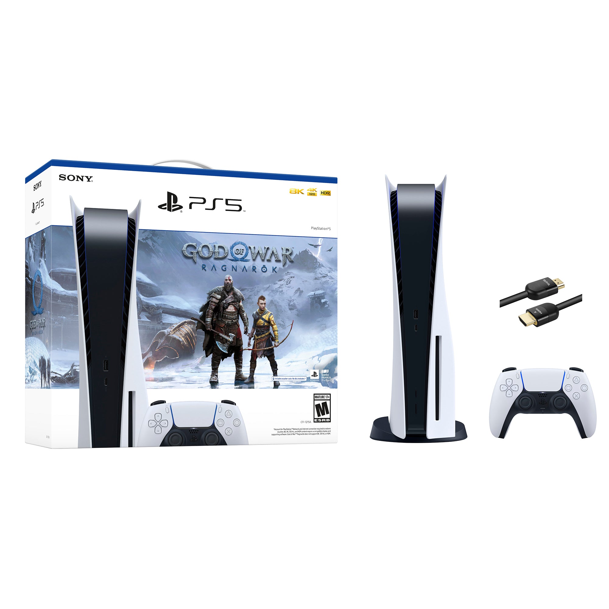 PlayStation 5 Disc Edition God of War Ragnarok Bundle and Mytrix 8K HDMI Ultra High Speed Cable - White, PS5 825GB Gaming Console