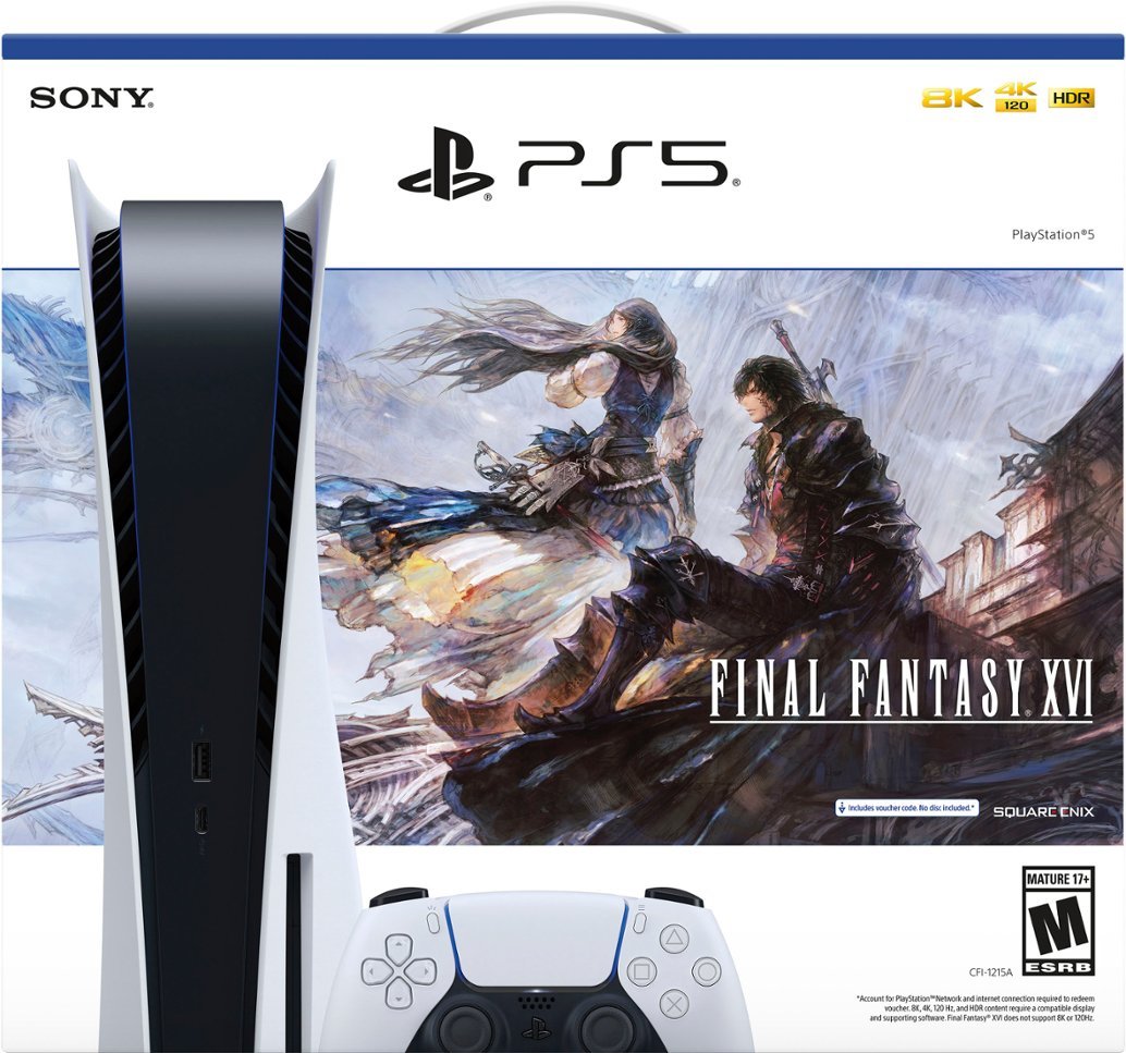 Playstation 5 Disc Edition FINAL FANTASY XVI Bundle with Assassin's Creed Valhalla and Mytrix Controller Charger - PS5, White