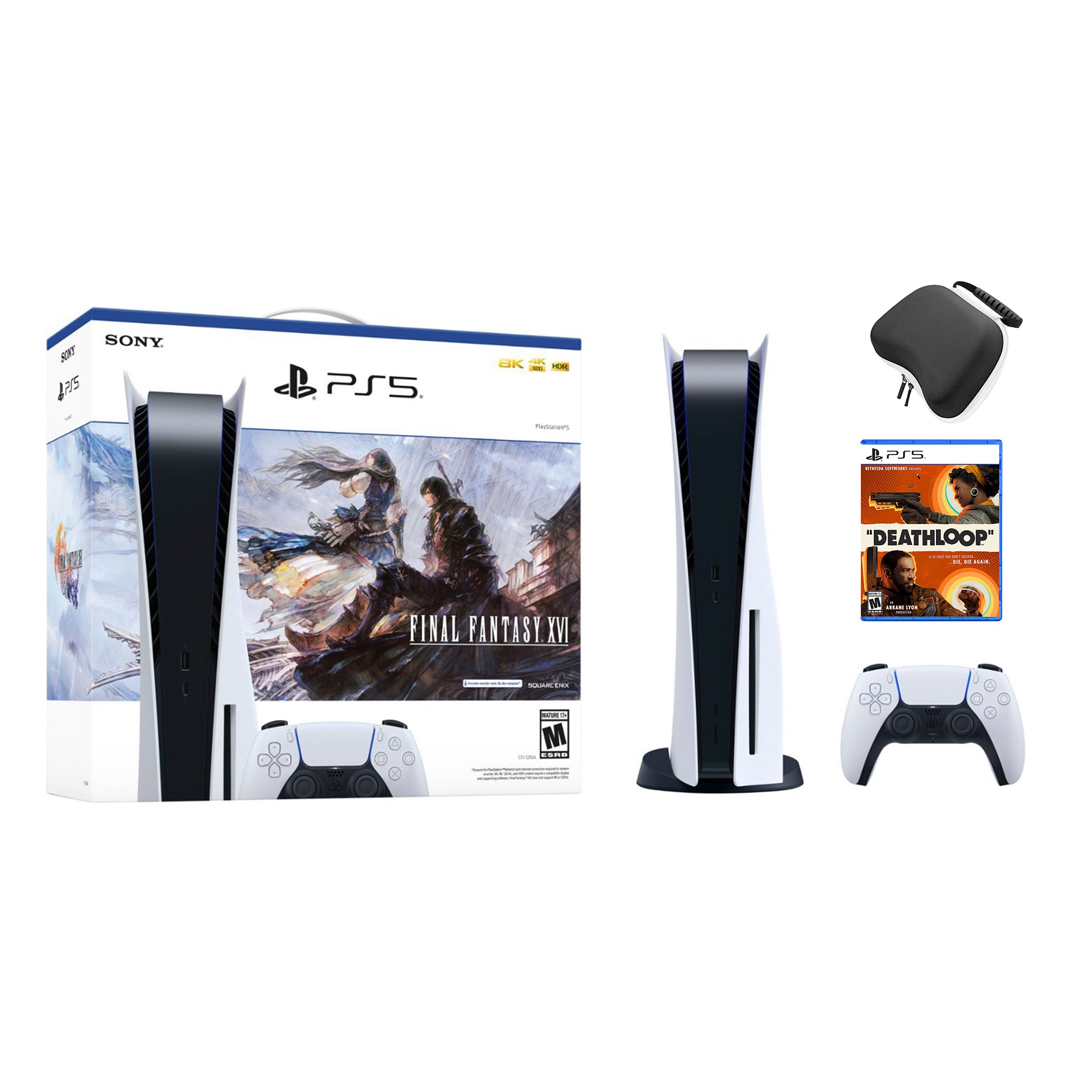 Playstation 5 Disc Edition FINAL FANTASY XVI Bundle with DEATHLOOP and Mytrix Controller Case - PS5, White