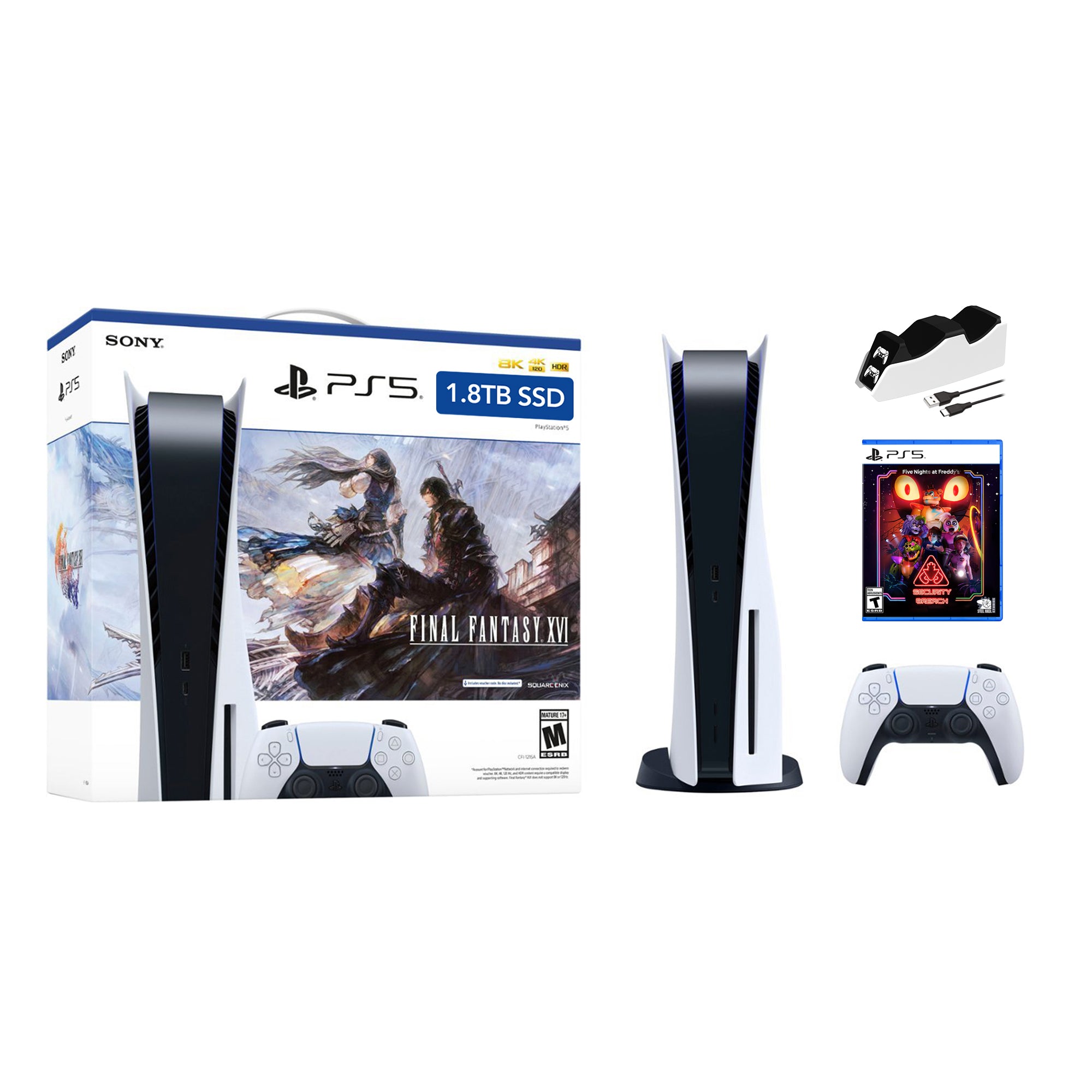 PlayStation 5 Upgraded 1.8TB Disc Edition FINAL FANTASY XVI Bundle with Five Nights at Freddy's Security Breach and Mytrix Controller Charger - PS5, White