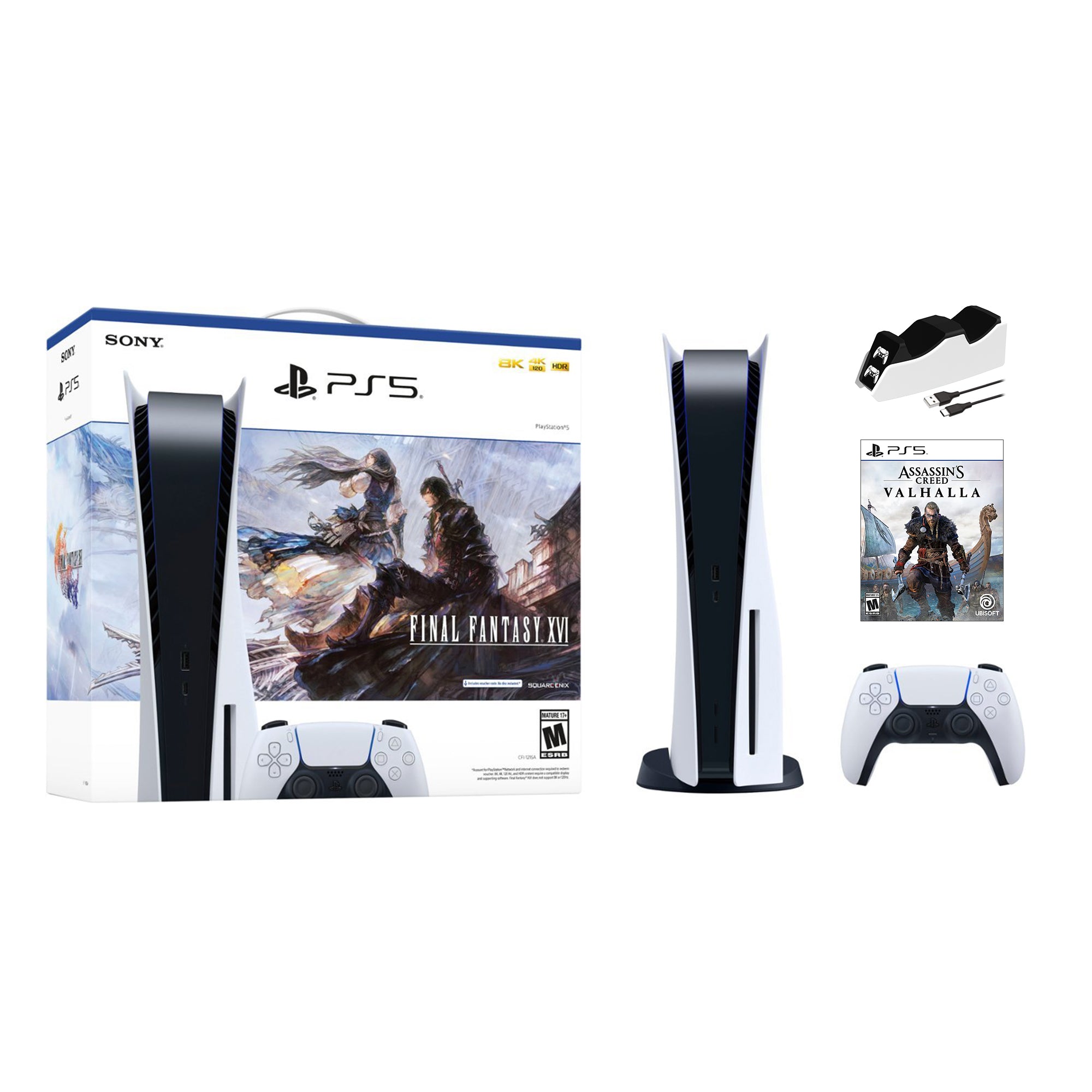 Playstation 5 Disc Edition FINAL FANTASY XVI Bundle with Assassin's Creed Valhalla and Mytrix Controller Charger - PS5, White