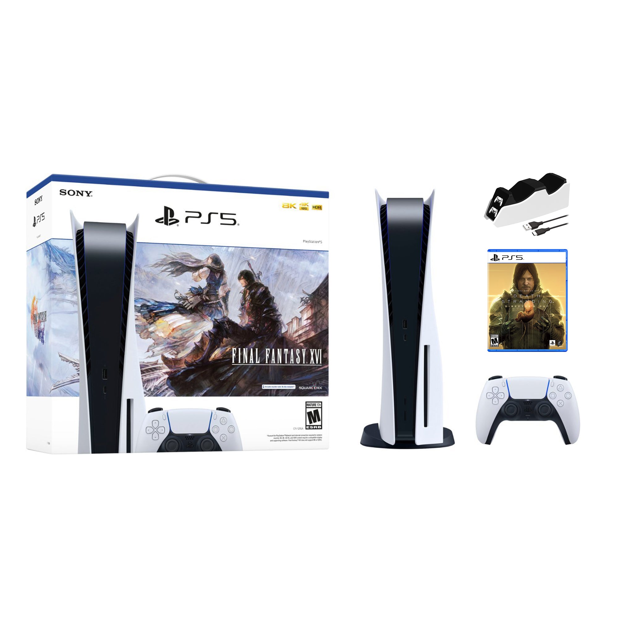 Playstation 5 Disc Edition FINAL FANTASY XVI Bundle with Death Stranding Director¡¯s Cut and Mytrix Controller Charger - PS5, White