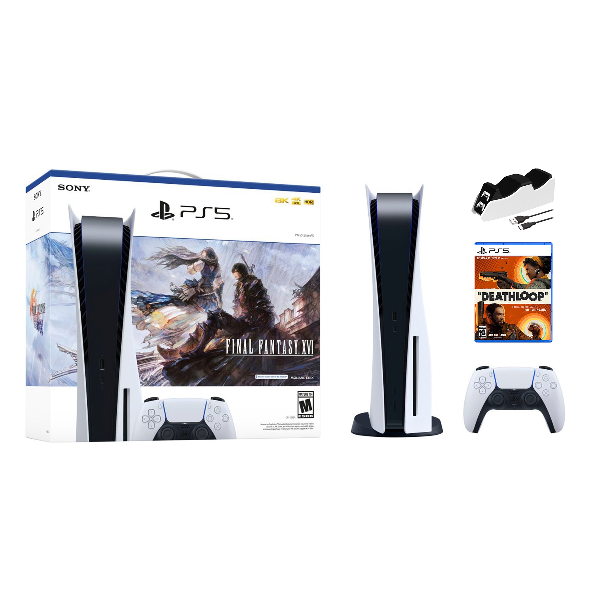 Playstation 5 Disc Edition FINAL FANTASY XVI Bundle with DEATHLOOP and Mytrix Controller Charger - PS5, White