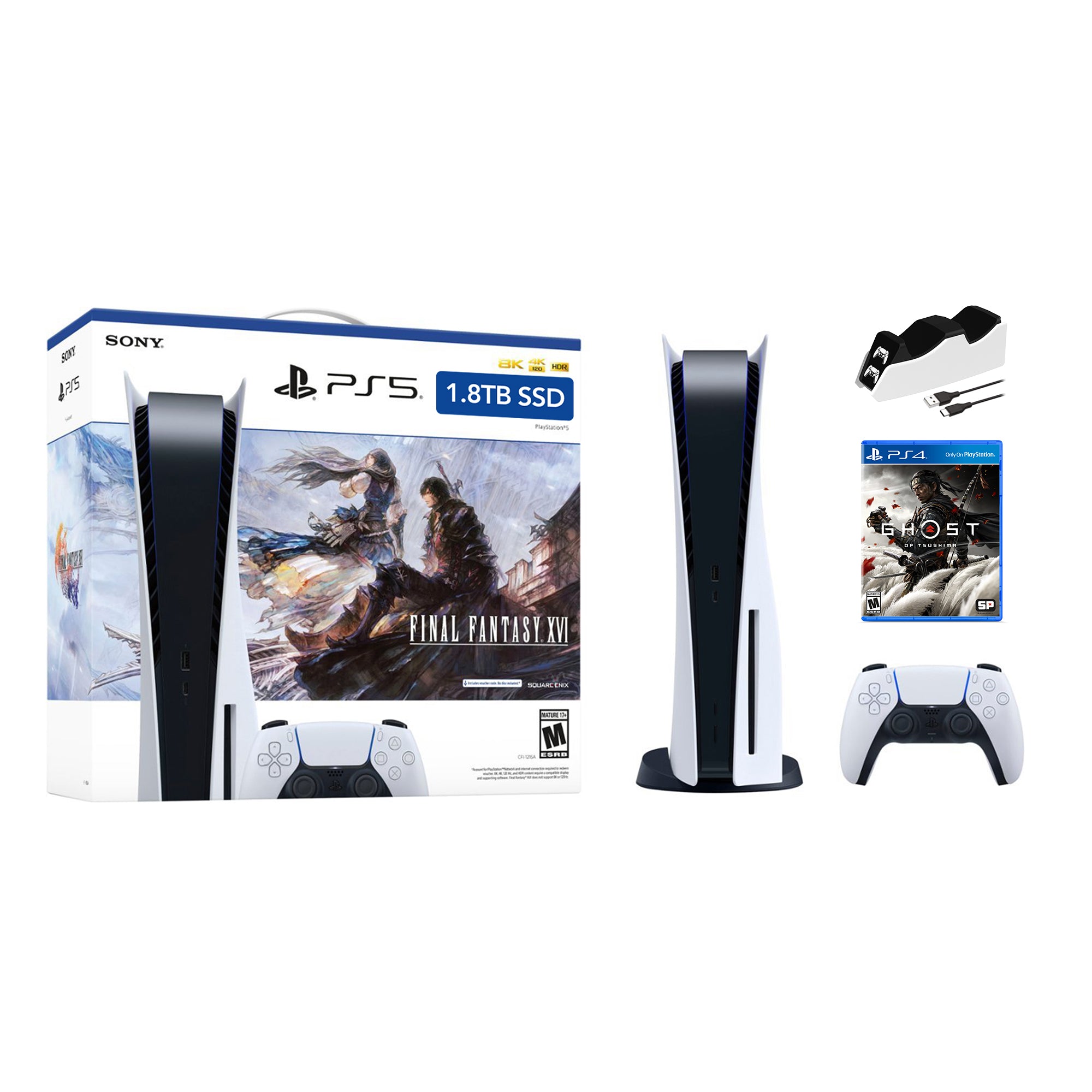 PlayStation 5 Upgraded 1.8TB Disc Edition FINAL FANTASY XVI Bundle with Ghost of Tsushima and Mytrix Controller Charger - PS5, White