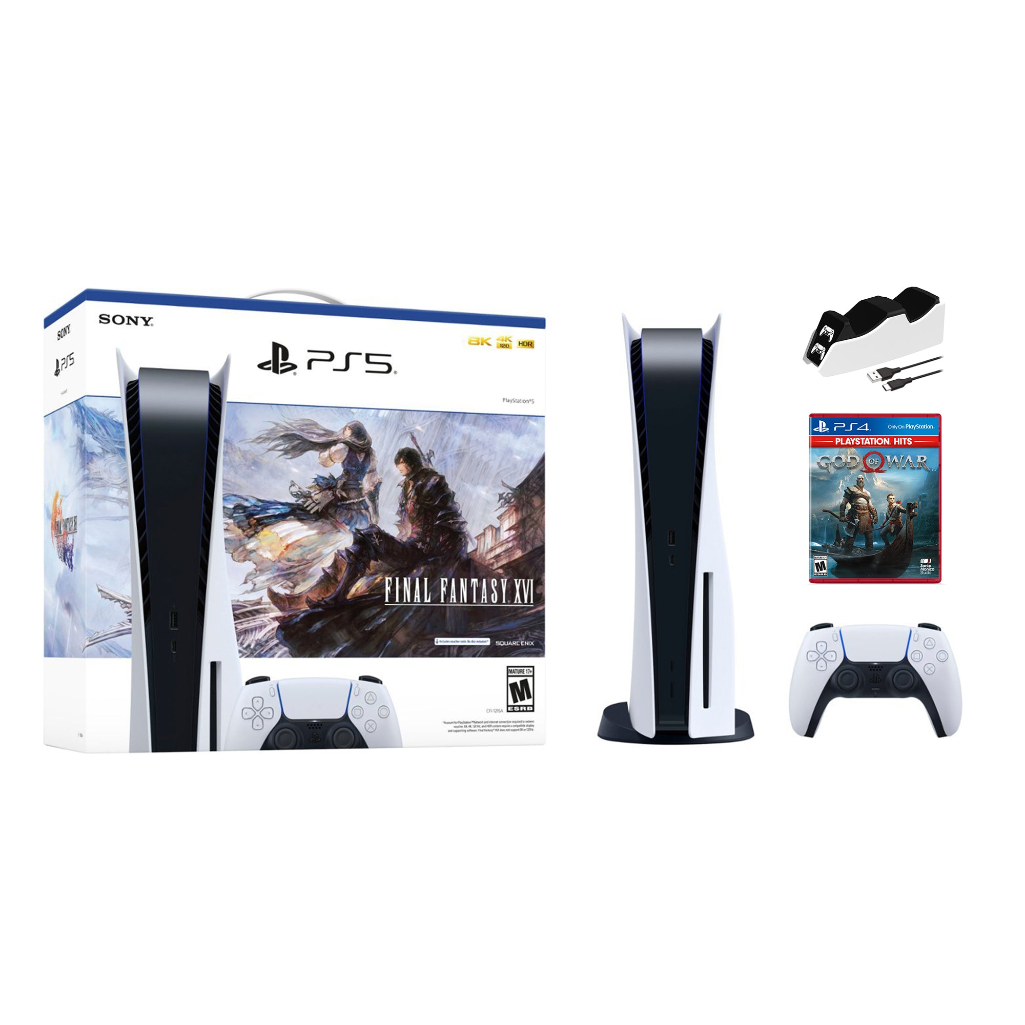 Playstation 5 Disc Edition FINAL FANTASY XVI Bundle with God of War and Mytrix Controller Charger - PS5, White