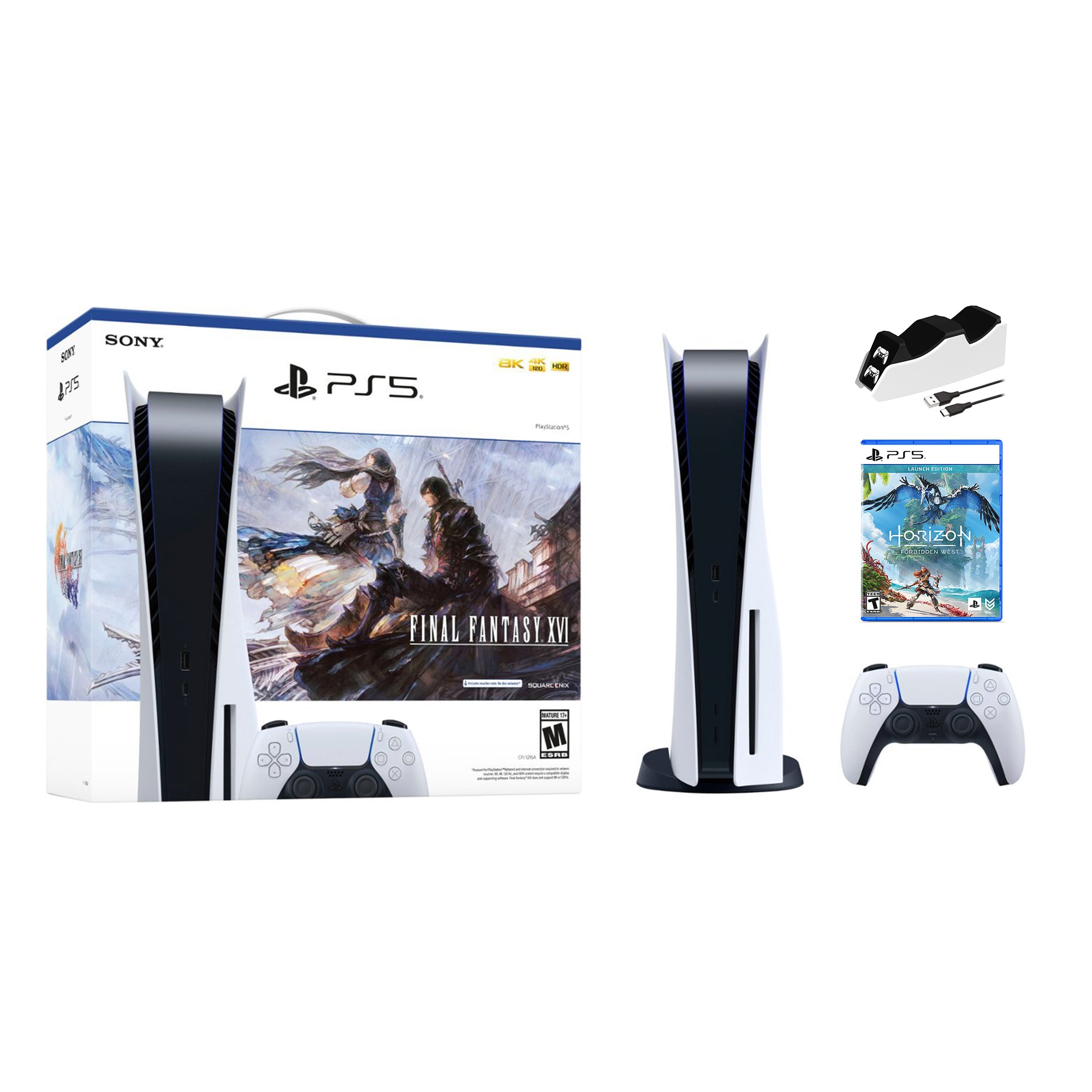 Playstation 5 Disc Edition FINAL FANTASY XVI Bundle with Horizon Forbidden West and Mytrix Controller Charger - PS5, White