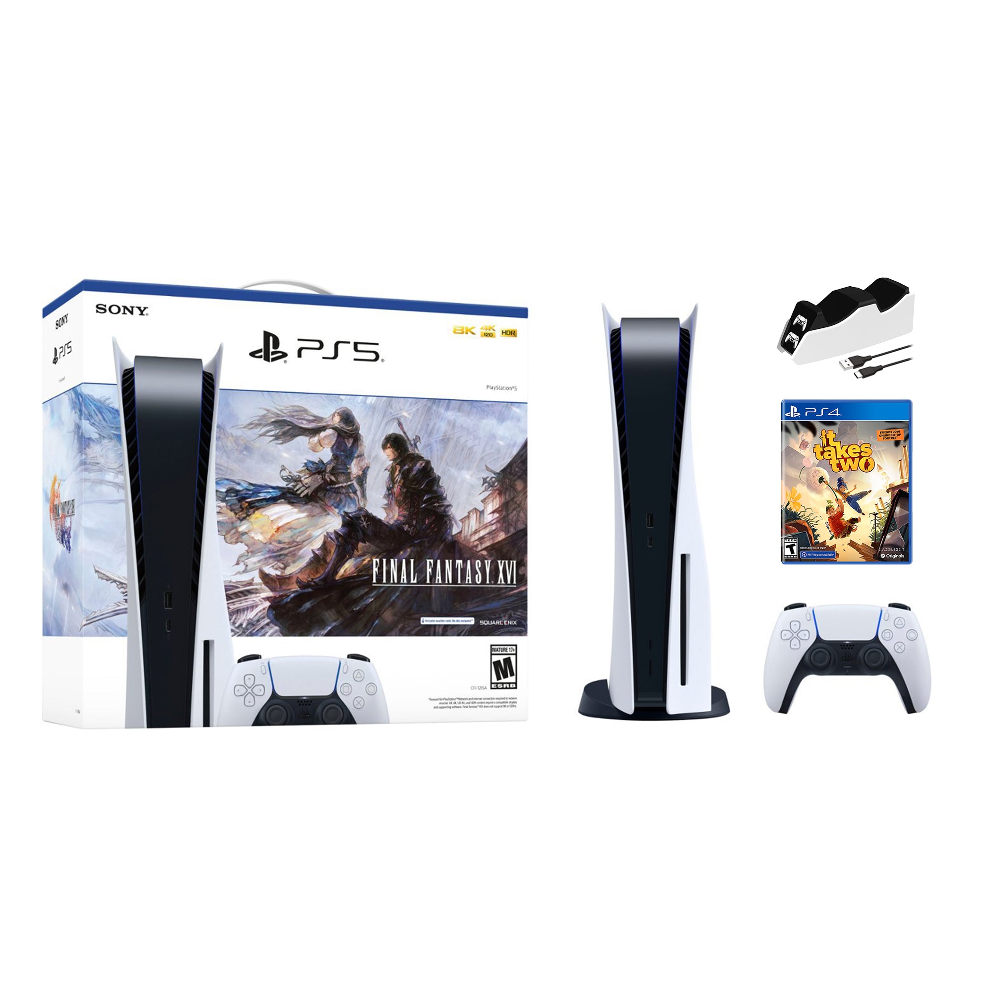 Playstation 5 Disc Edition FINAL FANTASY XVI Bundle with It takes Two and Mytrix Controller Charger - PS5, White