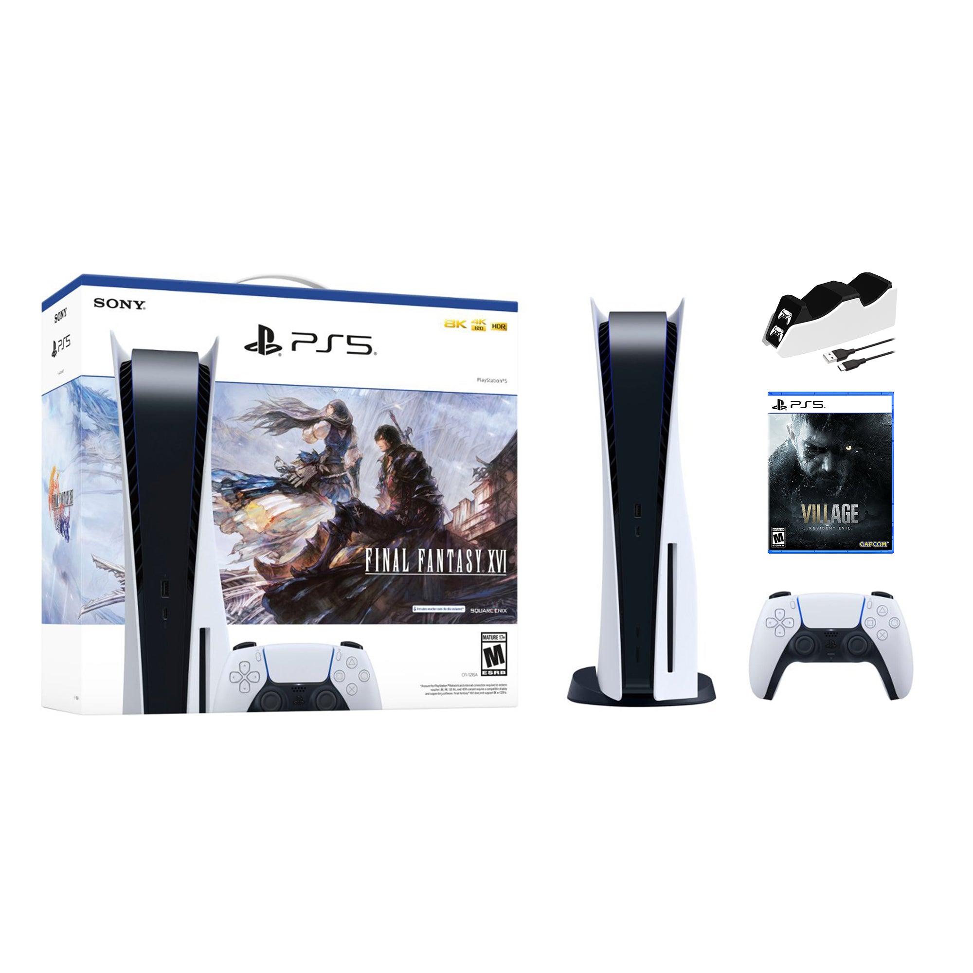 Playstation 5 Disc Edition FINAL FANTASY XVI Bundle with Resident Evil Village and Mytrix Controller Charger - PS5, White