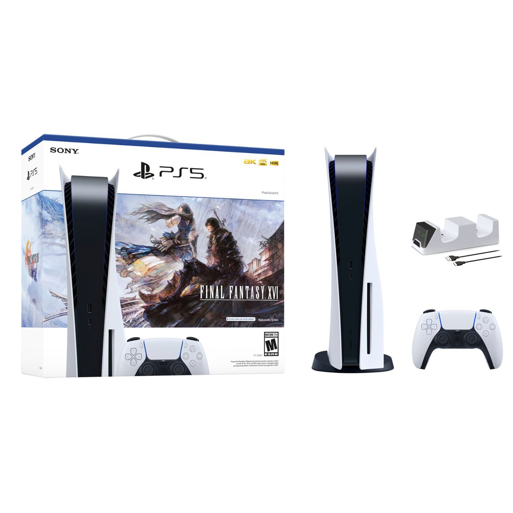 PlayStation 5 Disc Edition FINAL FANTASY XVI Bundle and Mytrix Controller Charger - White, PS5 825GB Gaming Console