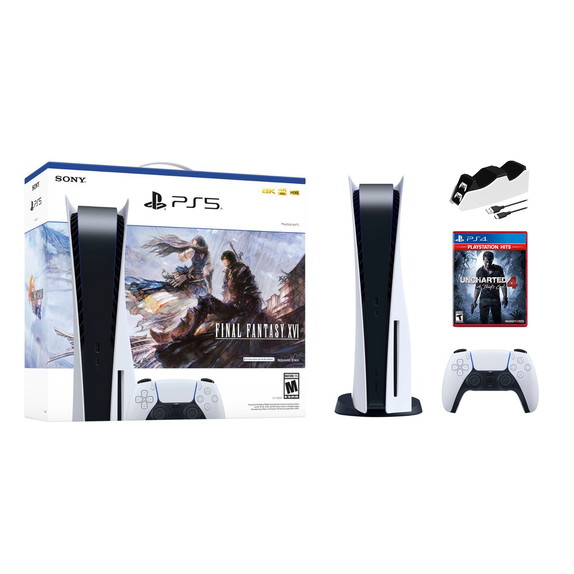 Playstation 5 Disc Edition FINAL FANTASY XVI Bundle with Uncharted 4 and Mytrix Controller Charger - PS5, White