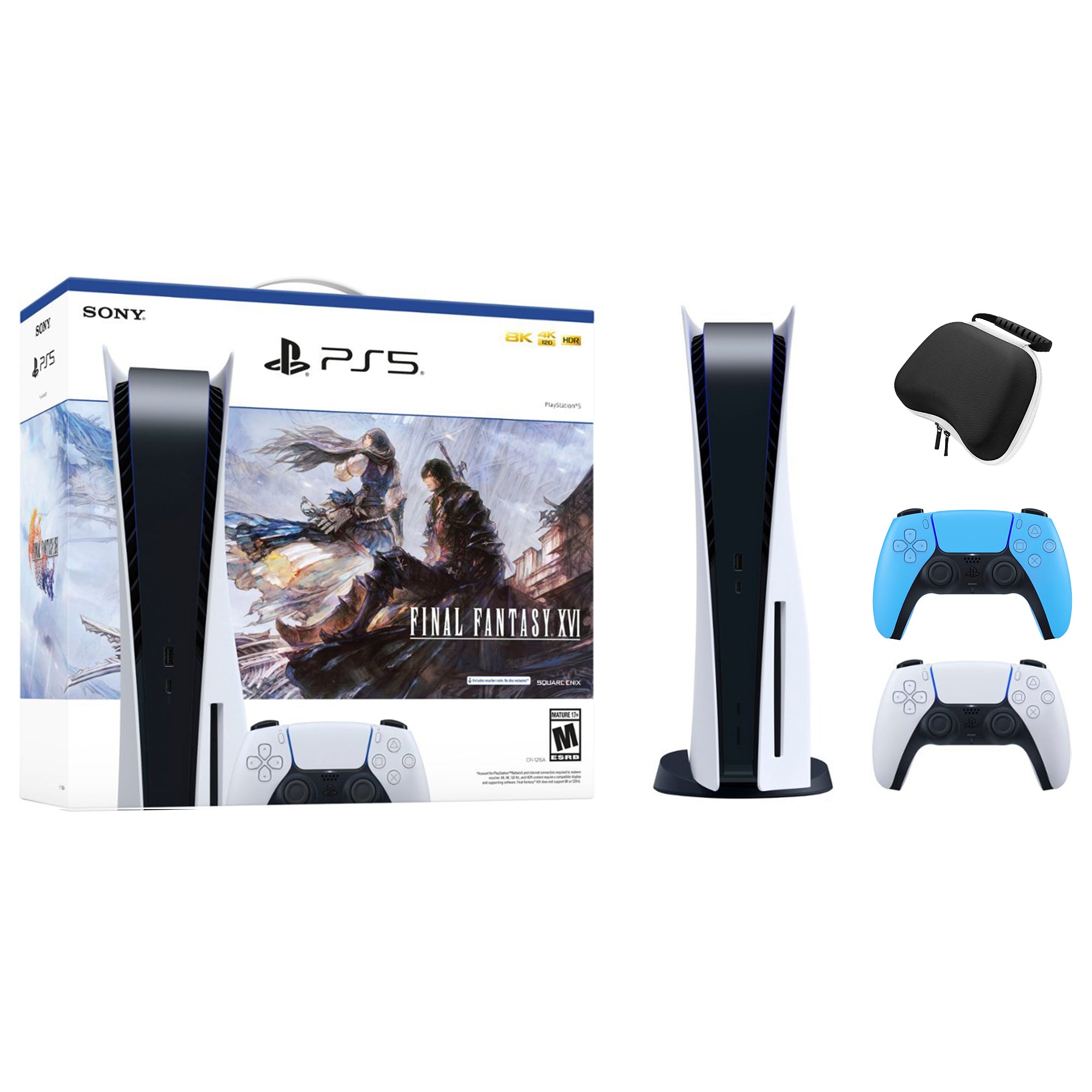 PlayStation 5 Disc Edition FINAL FANTASY XVI Bundle with Two Controllers White and Starlight Blue DualSense and Mytrix Hard Shell Protective Controller Case - PS5 Gaming Console