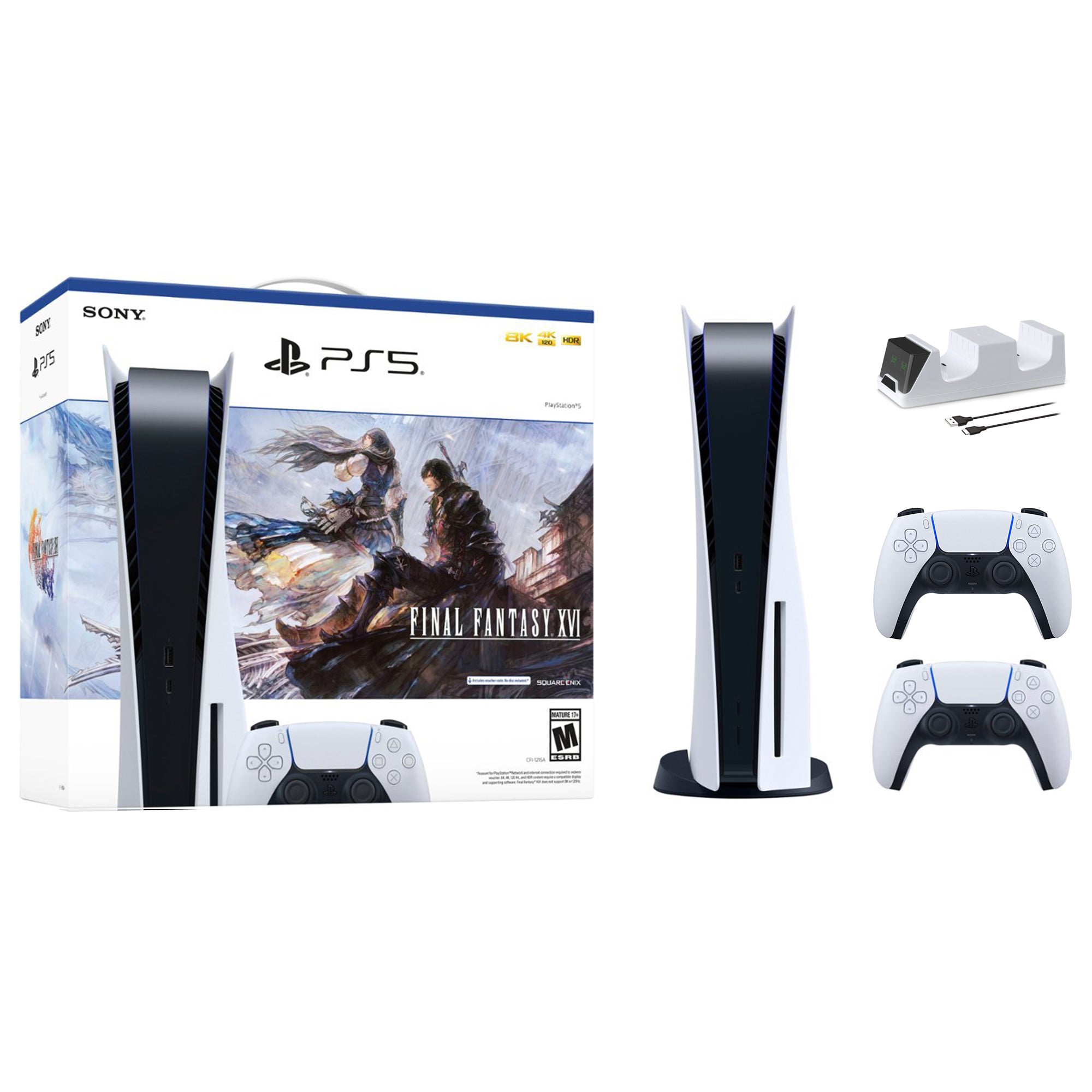 PlayStation 5 Disc Edition FINAL FANTASY XVI Bundle with Two DualSense Controllers and Mytrix Dual Controller Charger - PS5 Gaming Console