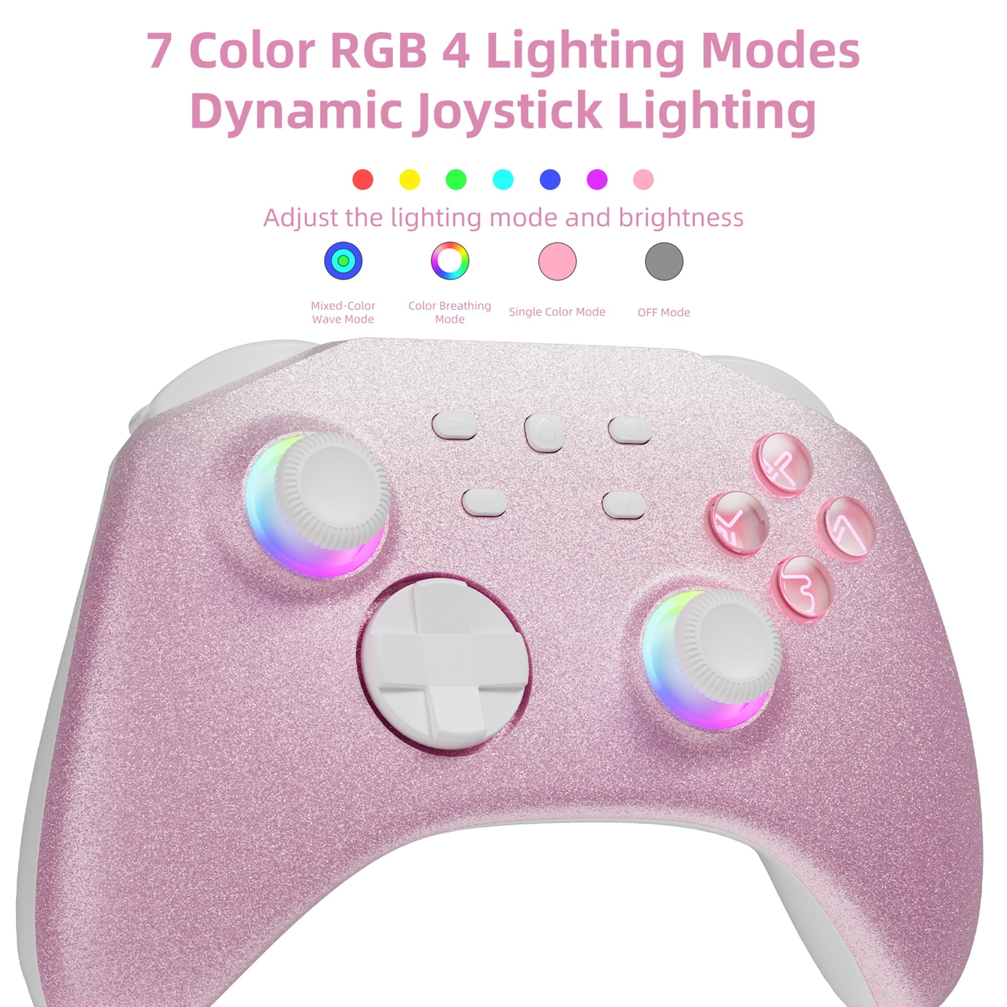 Mytrix Pink Glitter Gradient Wireless Pro RGB Controller with Programmable Back Buttons and Turbo, for Nintendo Switch, PC, Android & iOS
