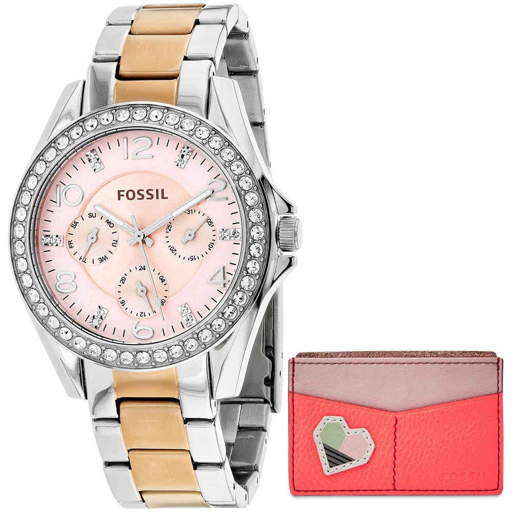 Fossil Women ES4249SET Riley Stainless Steel Crystal Pave Chronograph Watch and Wallet Set 796483323773