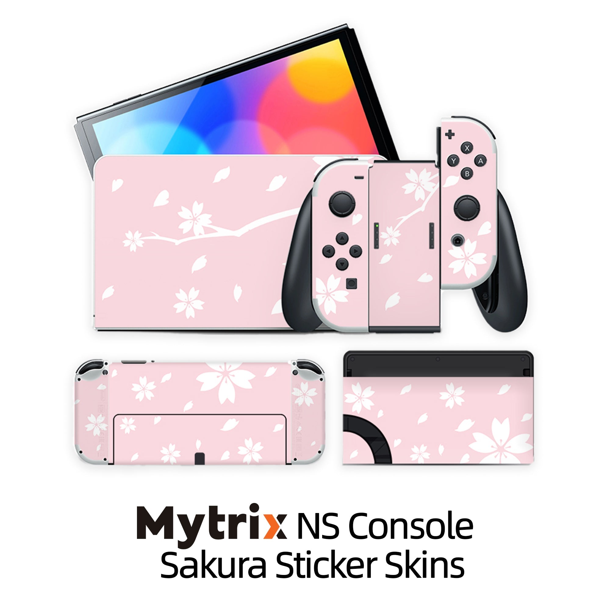 Pink Cherry Flower Patterned Nintendo Switch OLED Console JoyCon and Dock Skin Sticker