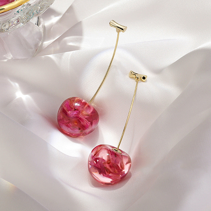 New Net Red Temperament French Dried Cherry Long Sweet And Fashionable Cherry Earrings
