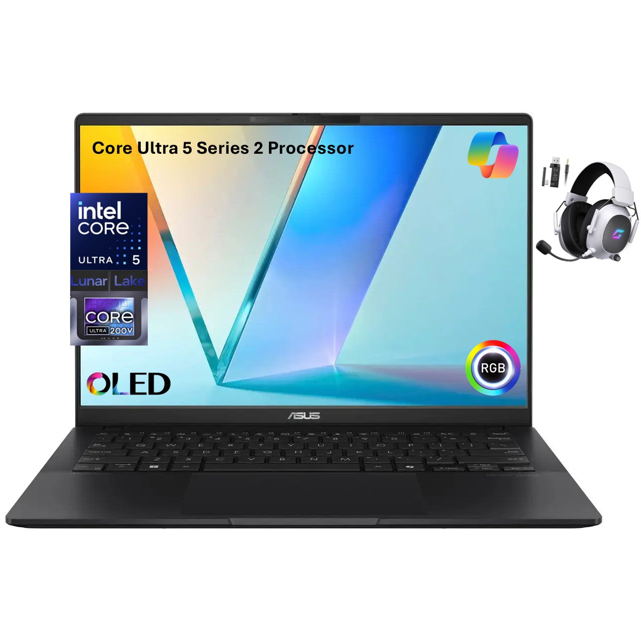 ASUS Vivobook S 14 OLED Laptop, WUXGA 600nits Display, Ultra 5 Series 2 226v AI Boost NPU (beats Ultra 7 155U), 16GB RAM, 2TB SSD, Copilot+, Thunderbolt 4, RGB Backlit, Wireless Headset, Win 11